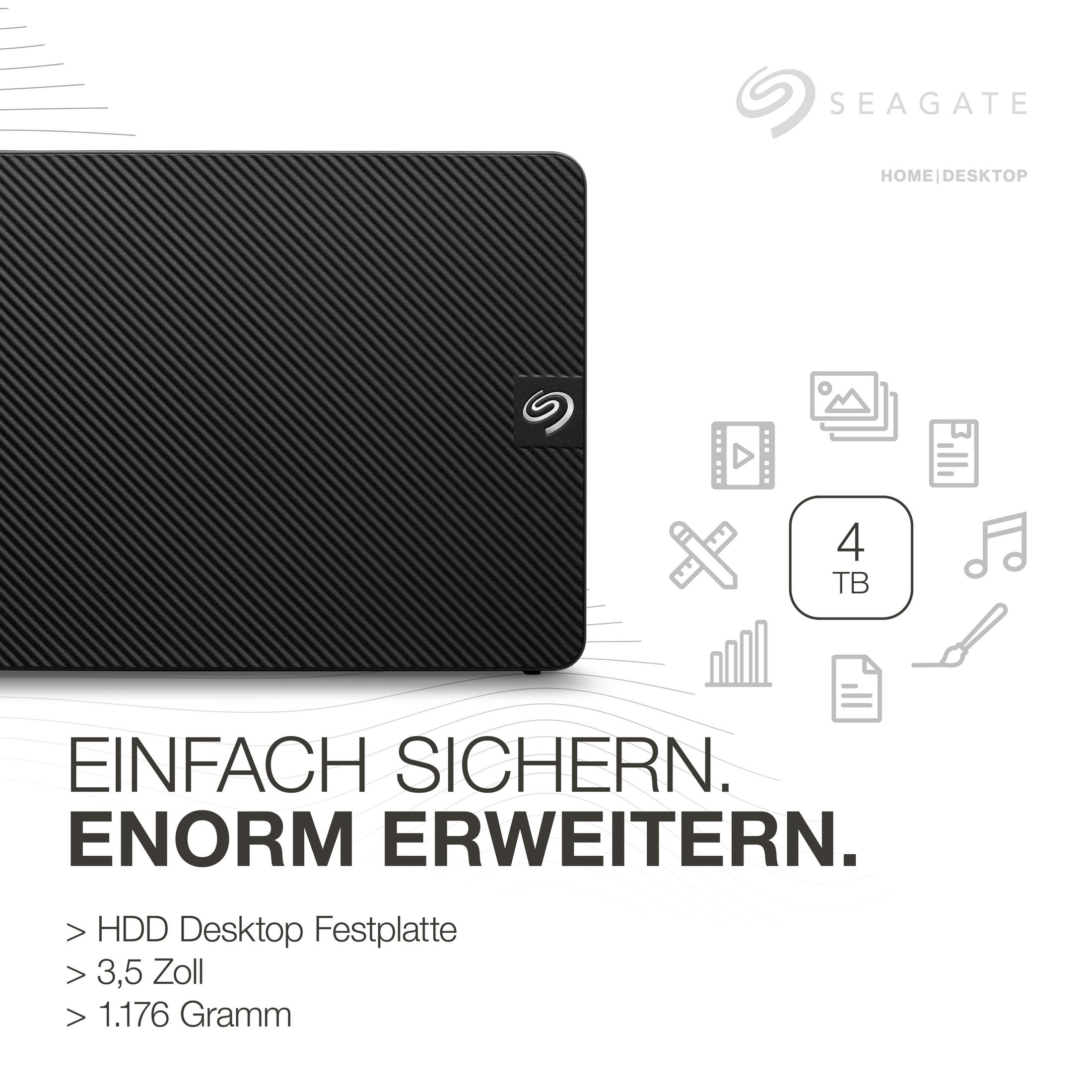 Czarny zewnętrzny dysk twardy Seagate z tekstem i ikonami. Białe tło.