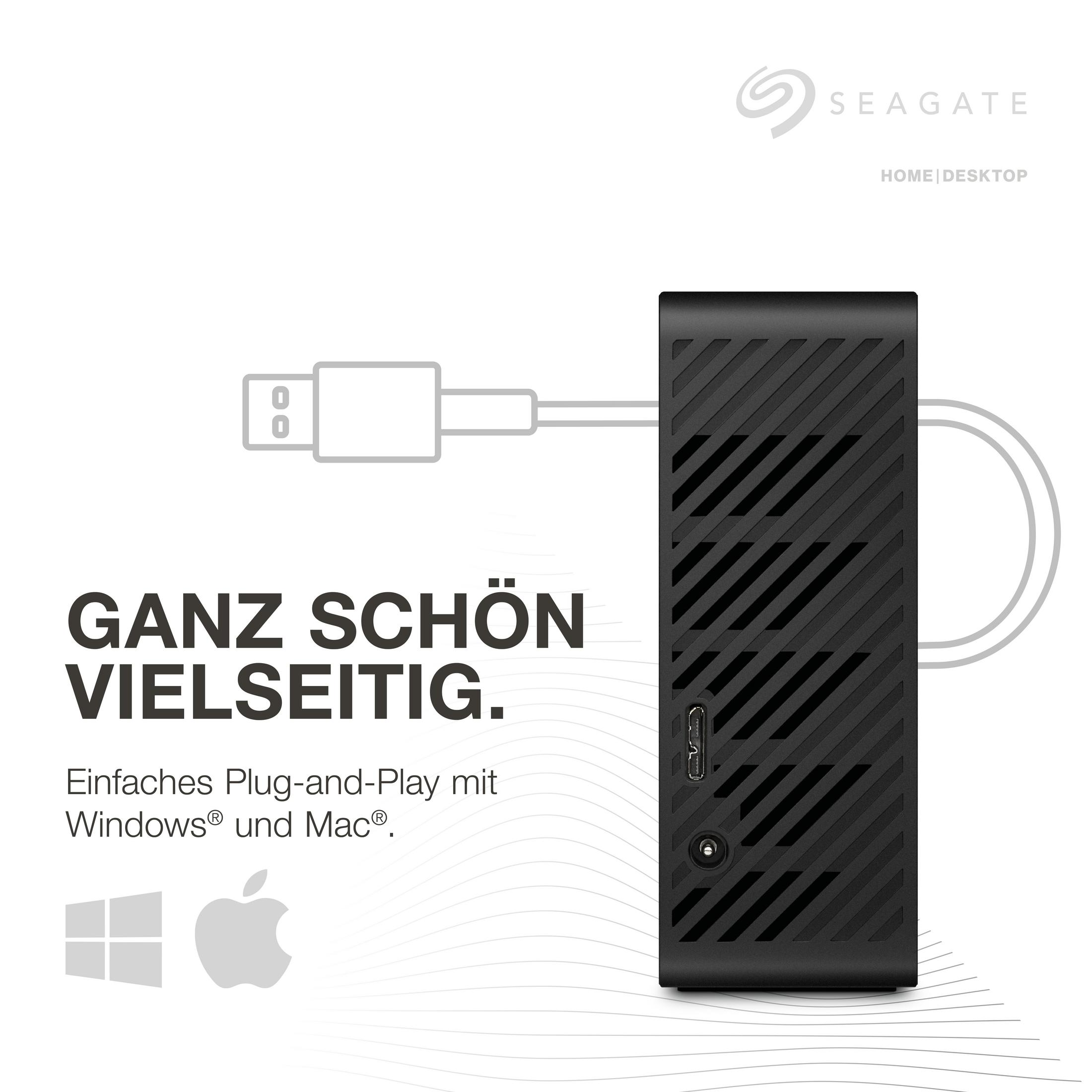 Czarny zewnętrzny dysk twardy Seagate Home Desktop z kablem USB i tekstem na białym tle.