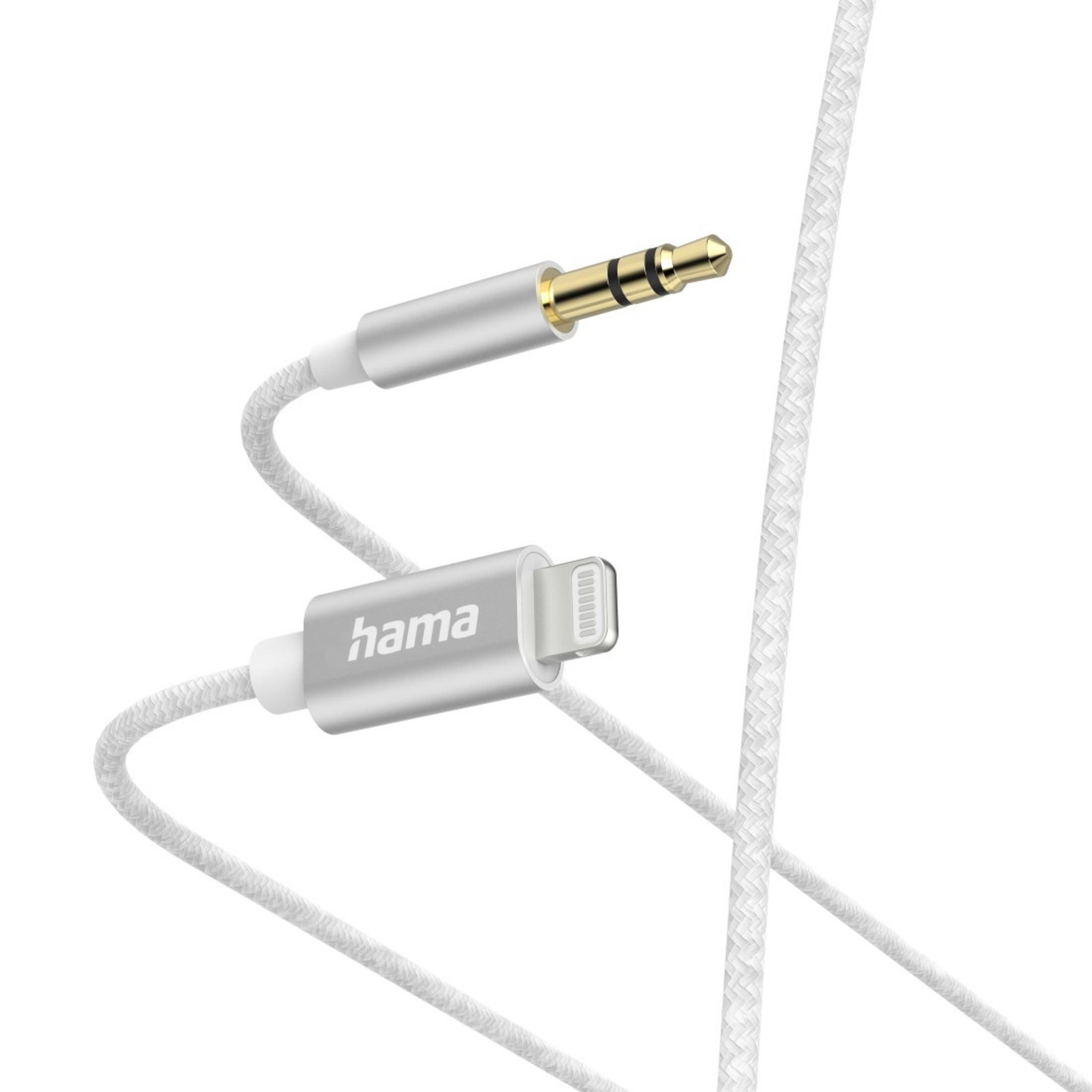 Witte kabel met 3,5 mm jack en Lightning connector. 'hama' is gedrukt.