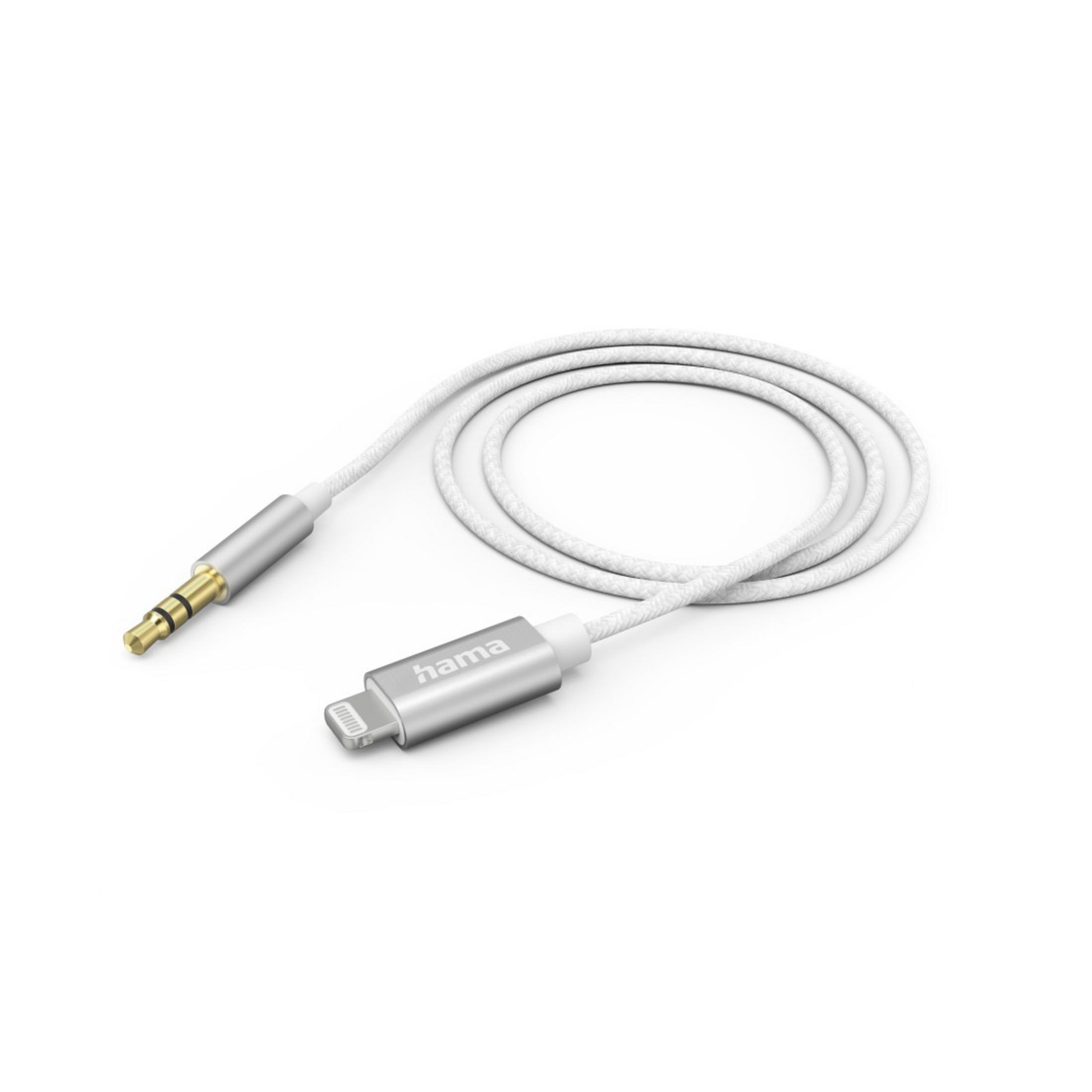 Witte kabel met zilveren connectoren. Lightning naar 3,5 mm jack kabel.