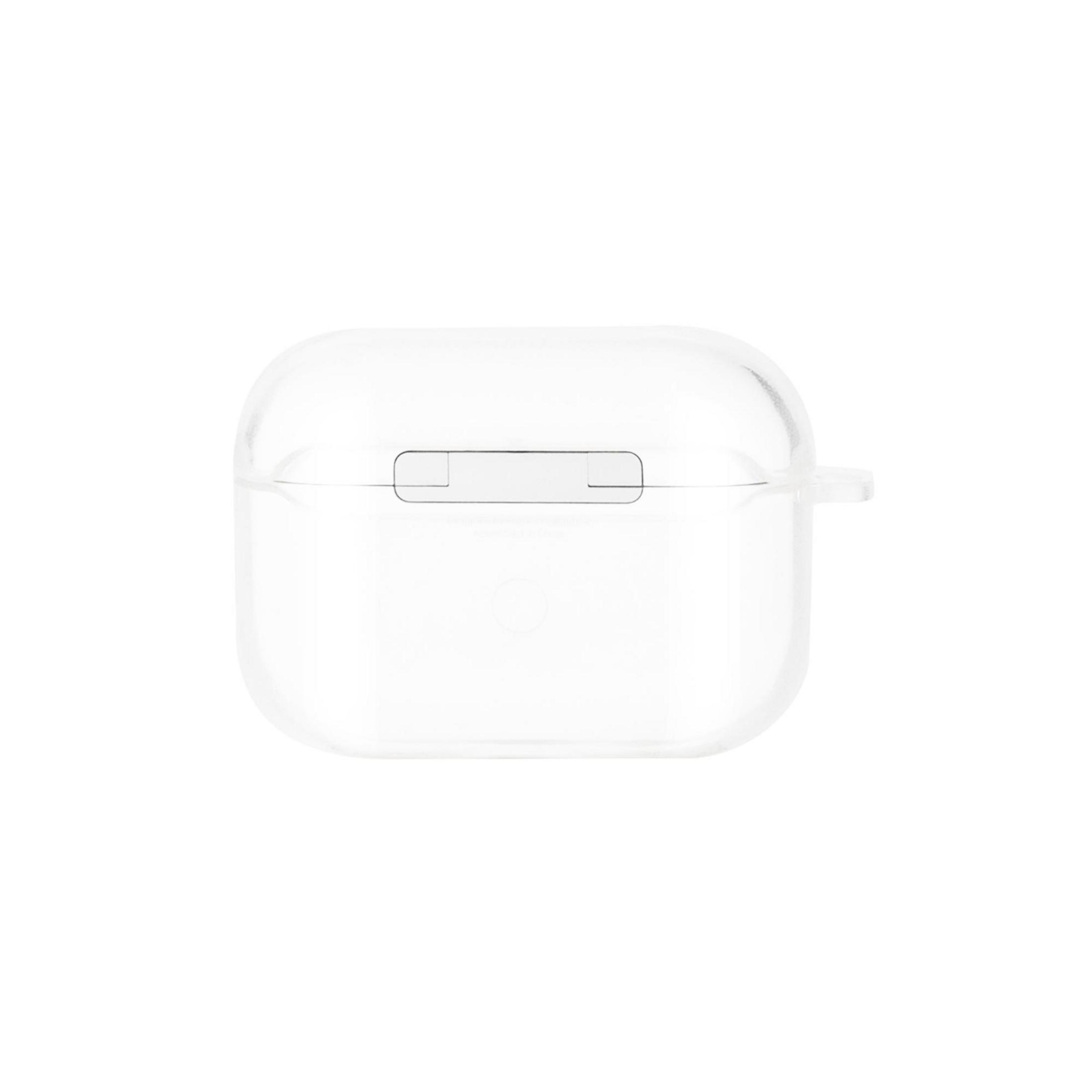Klar, transparente AirPods-Hülle. Rechteckig mit abgerundeten Ecken und einer kleinen Öffnung.