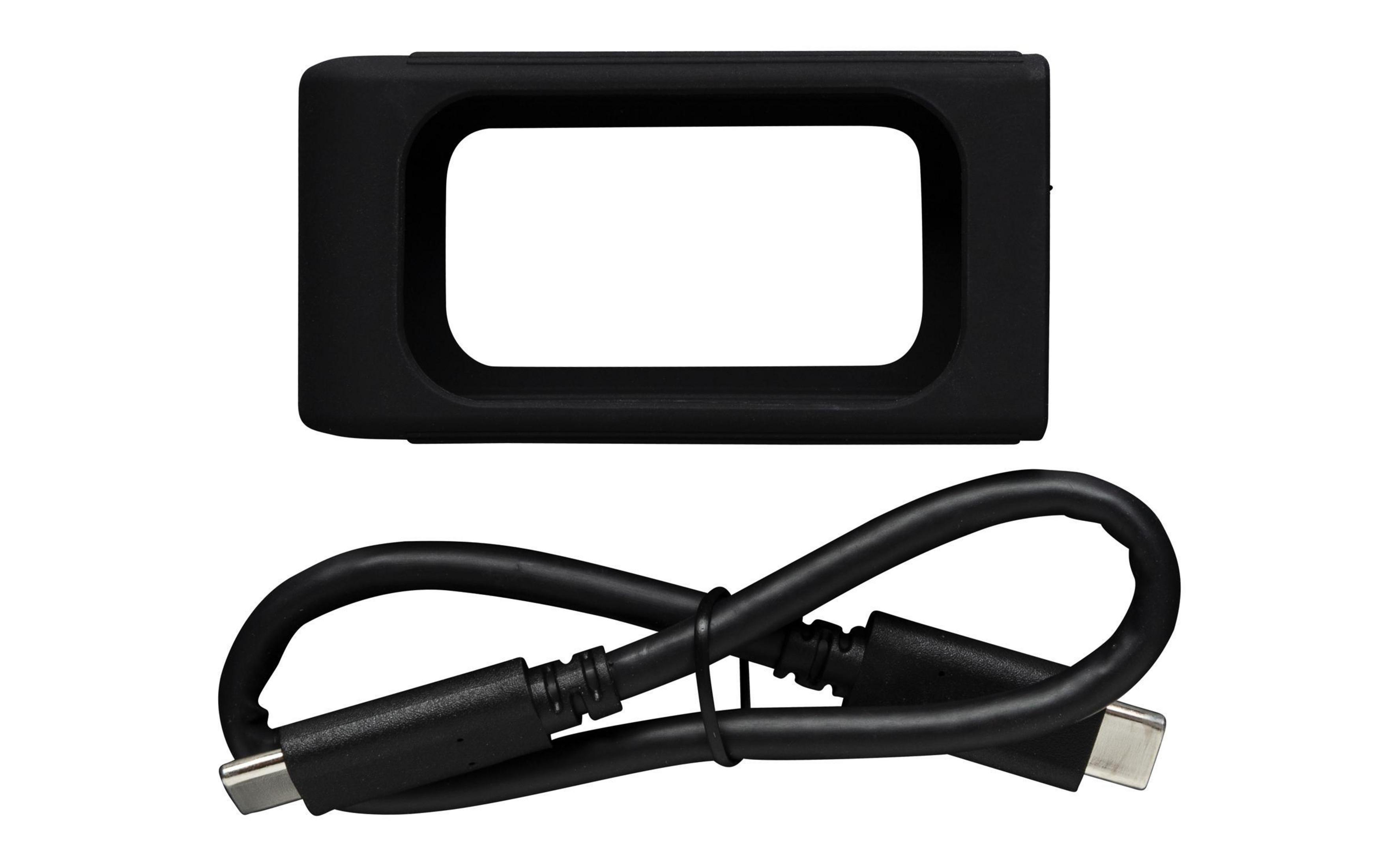 Czarne urządzenie z kablem USB-C, urządzenie ma prostokątny kształt. Tło jest białe.