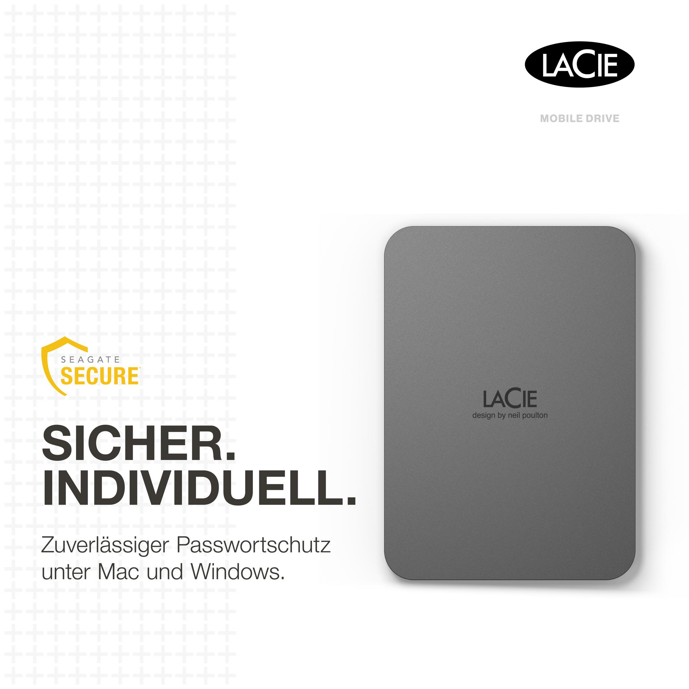 Szary zewnętrzny dysk twardy z logo LaCie na białej powierzchni z tekstem. Logo Seagate Secure.