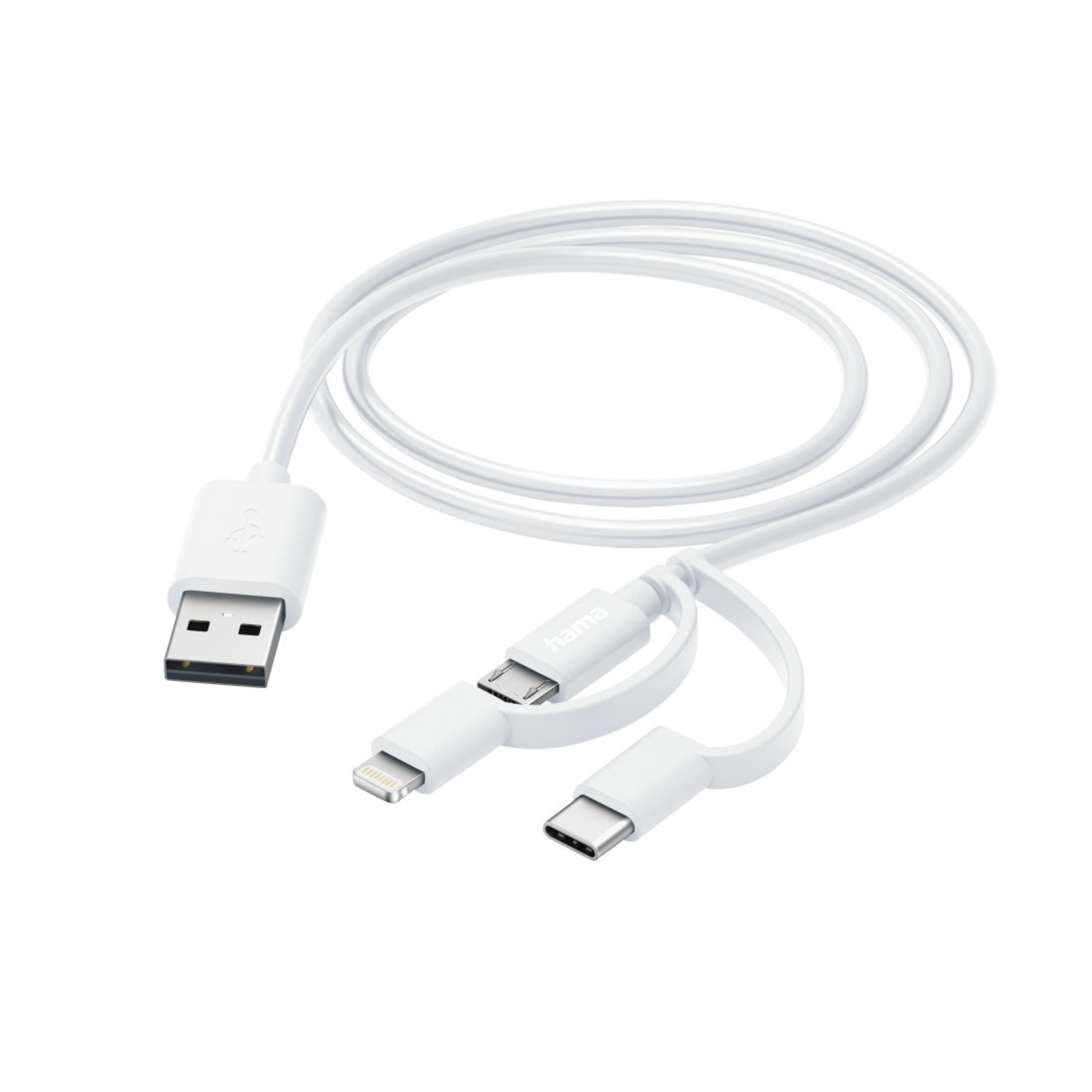Weißes USB-Kabel mit Lightning-, USB-C- und Standard-USB-Anschlüssen auf weißem Hintergrund.