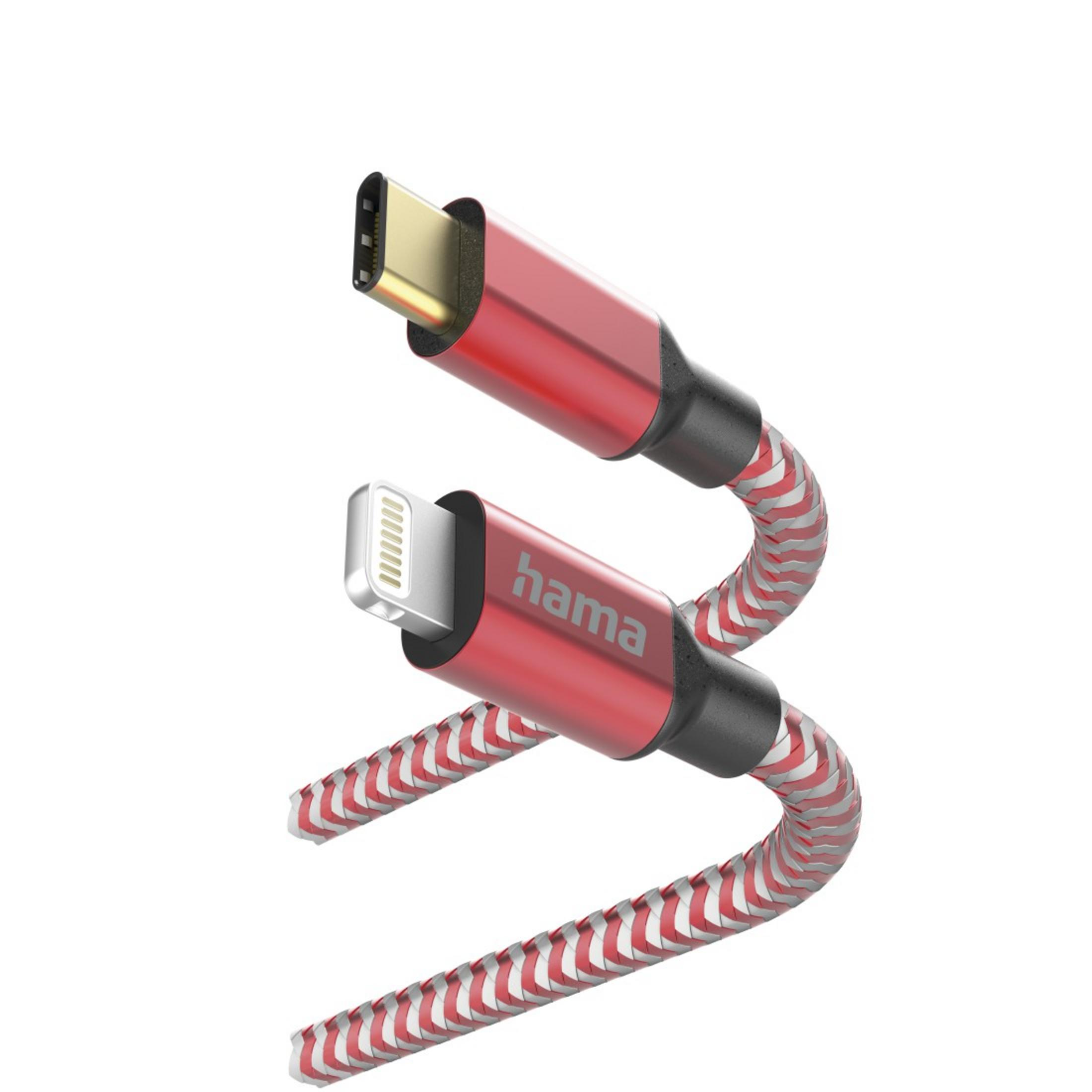 Rot-weiß gestreiftes Kabel mit USB-C- und Lightning-Anschlüssen.