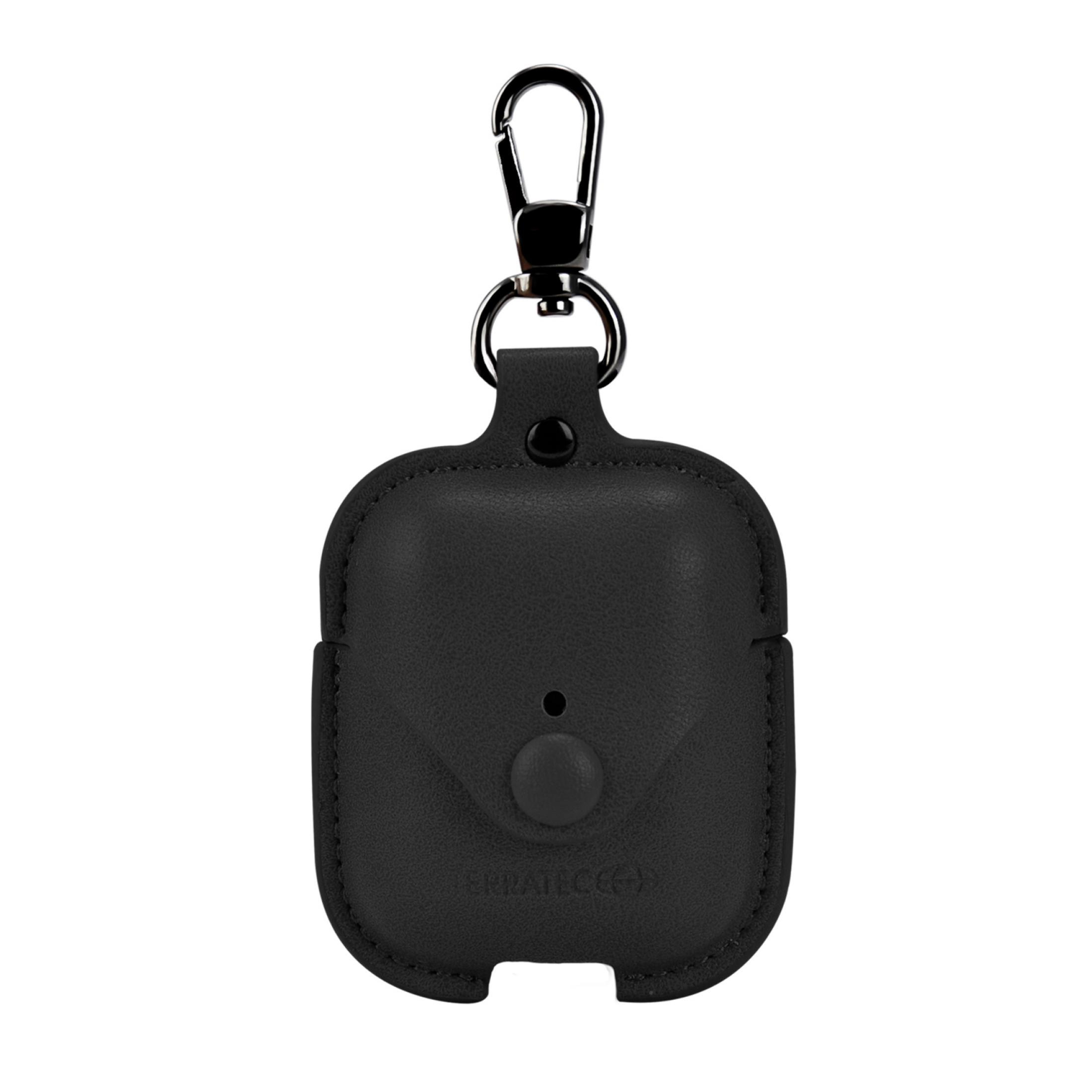 Schwarzes Leder-AirPods-Etui mit silbernem Verschluss und schwarzem Knopf, weißer Hintergrund.