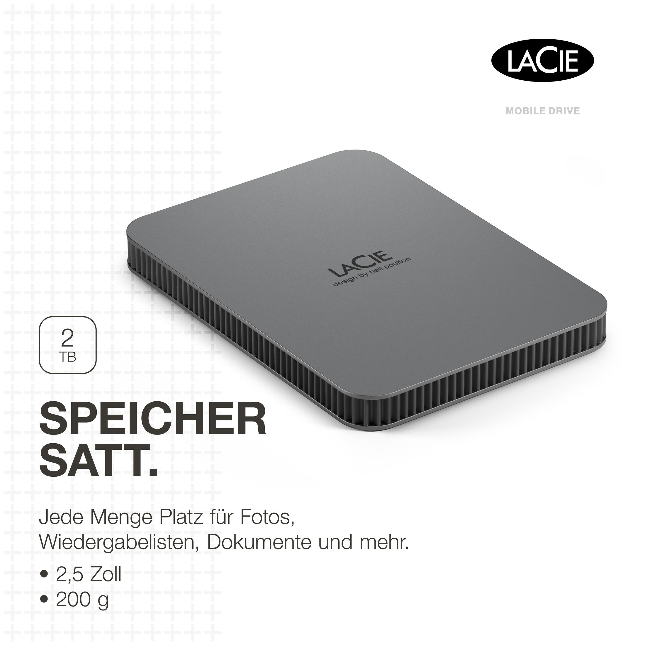 Szary dysk twardy LaCie. Tekst mówi 'Speicher Satt' i szczegóły dotyczące pojemności.