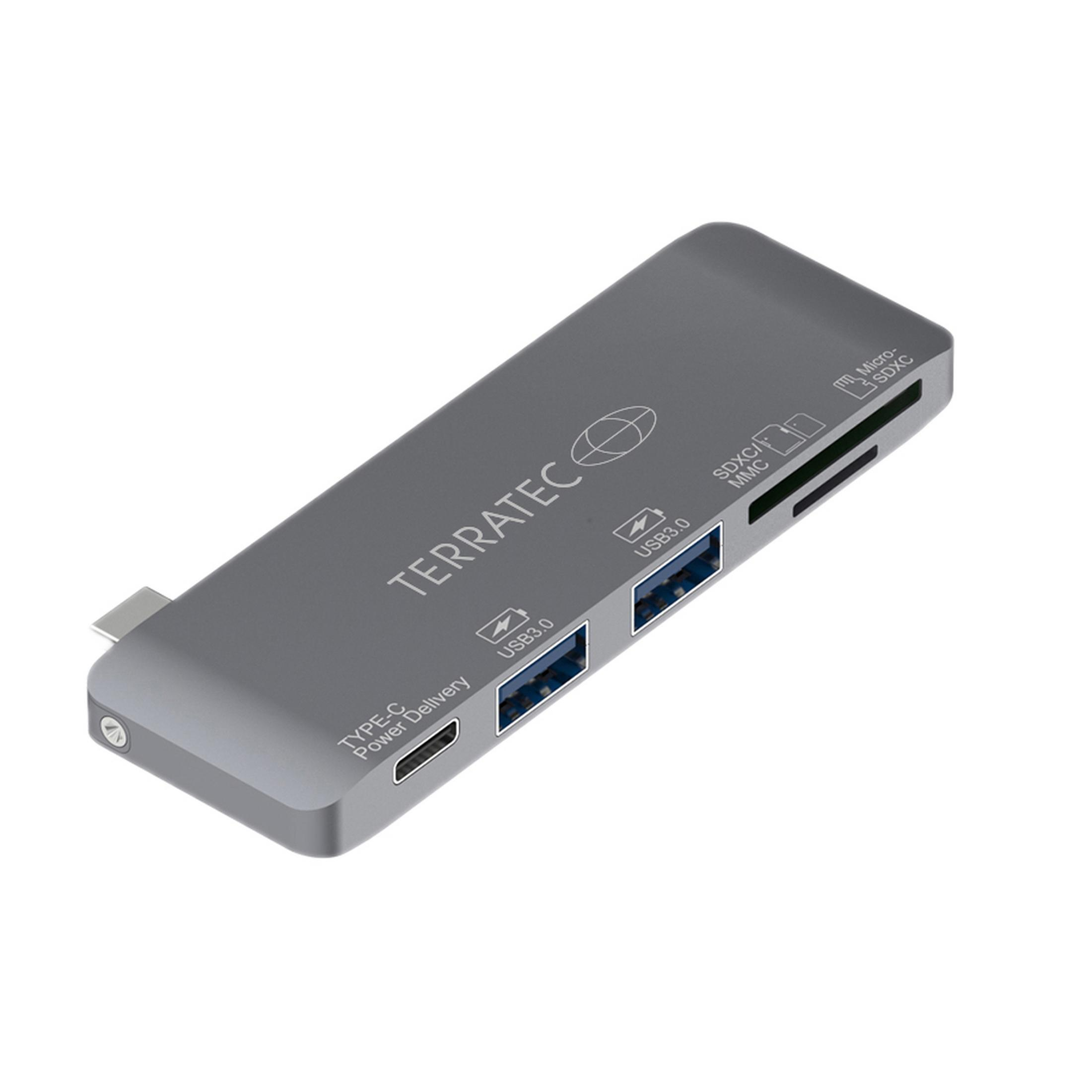 Terratec USB-C-Hub, grau, schräge Ansicht. Anschlüsse für USB, SD-Karten und Micro-SD. Weißer Hintergrund.