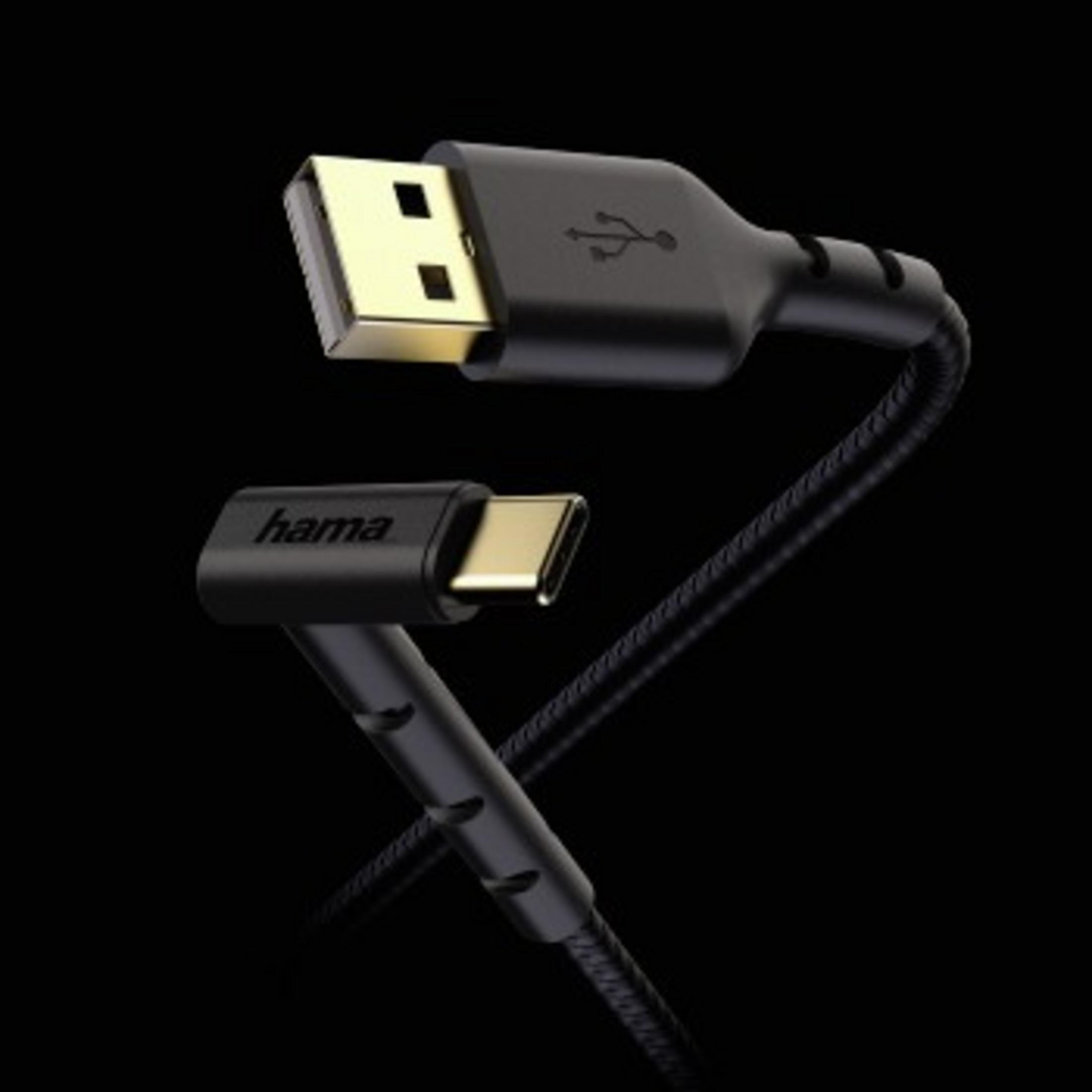 Ein USB-C-auf-USB-A-Kabel, schwarz, mit goldenem Stecker.