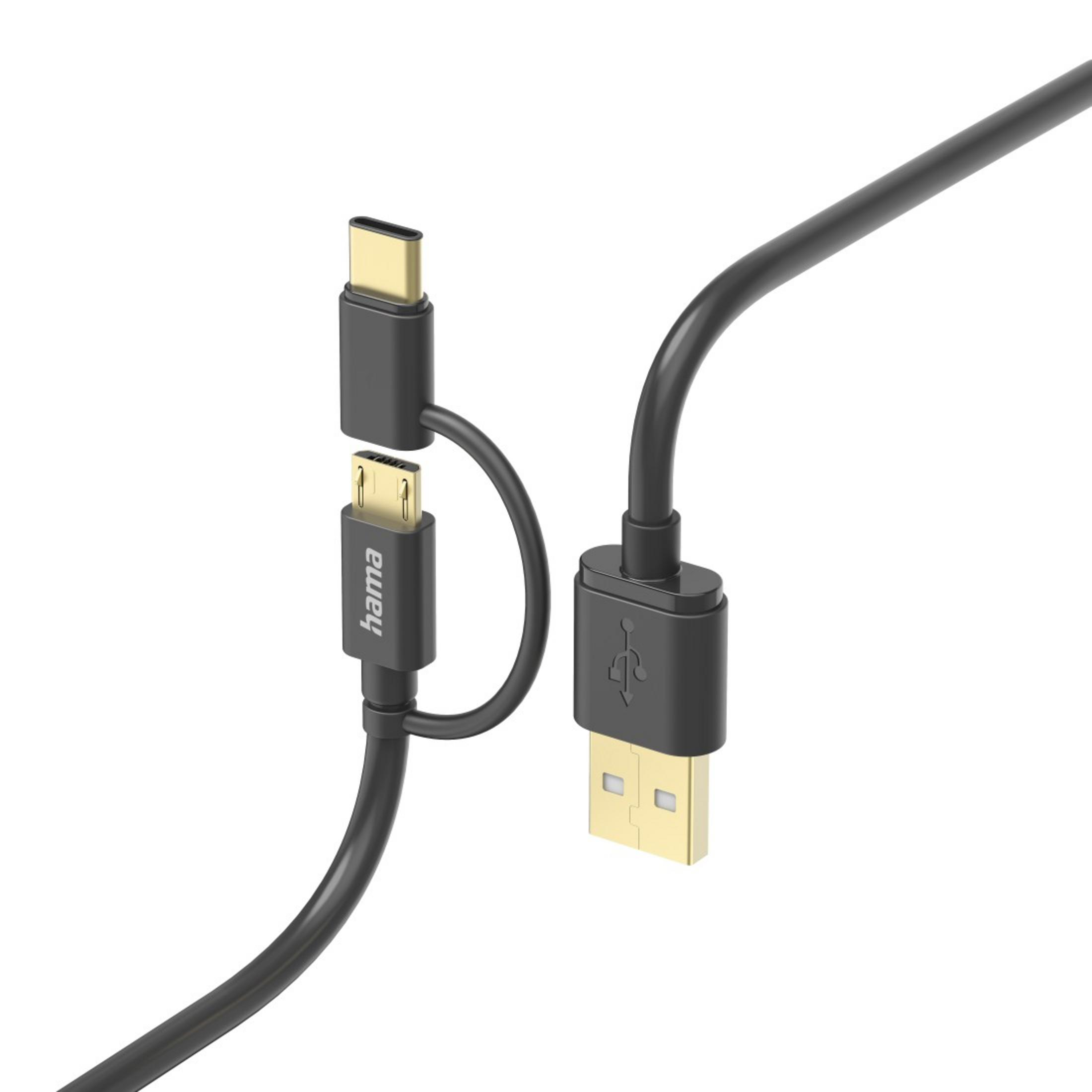 Schwarzes USB-Kabel mit USB-C- und Micro-USB-Anschluss. Hama-Markenlabel sichtbar.