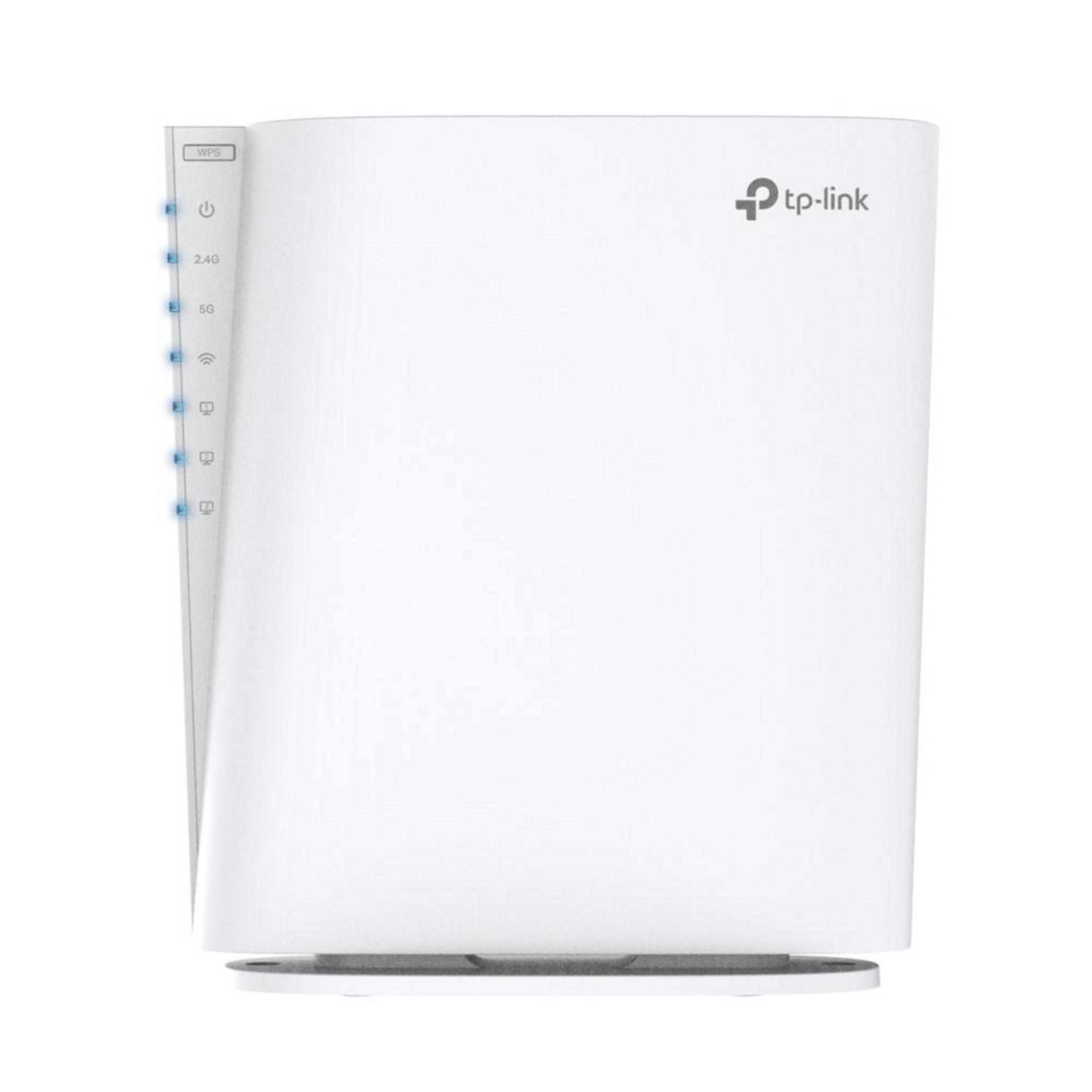 Un routeur blanc avec un design moderne. Il comporte des lumières et le logo tp-link à l'avant.