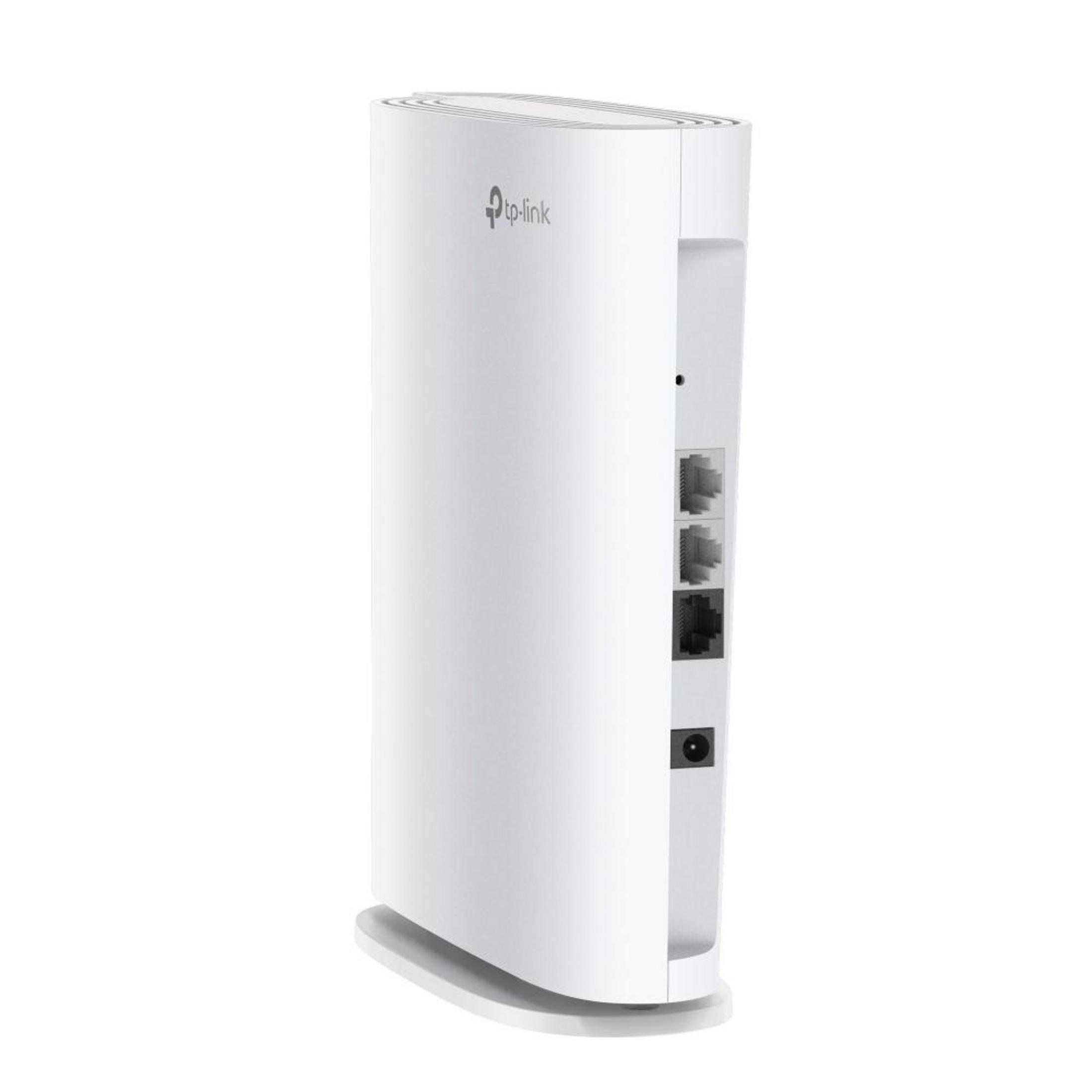 Un routeur TP-Link blanc avec des ports et une entrée d'alimentation. Le fond est blanc.