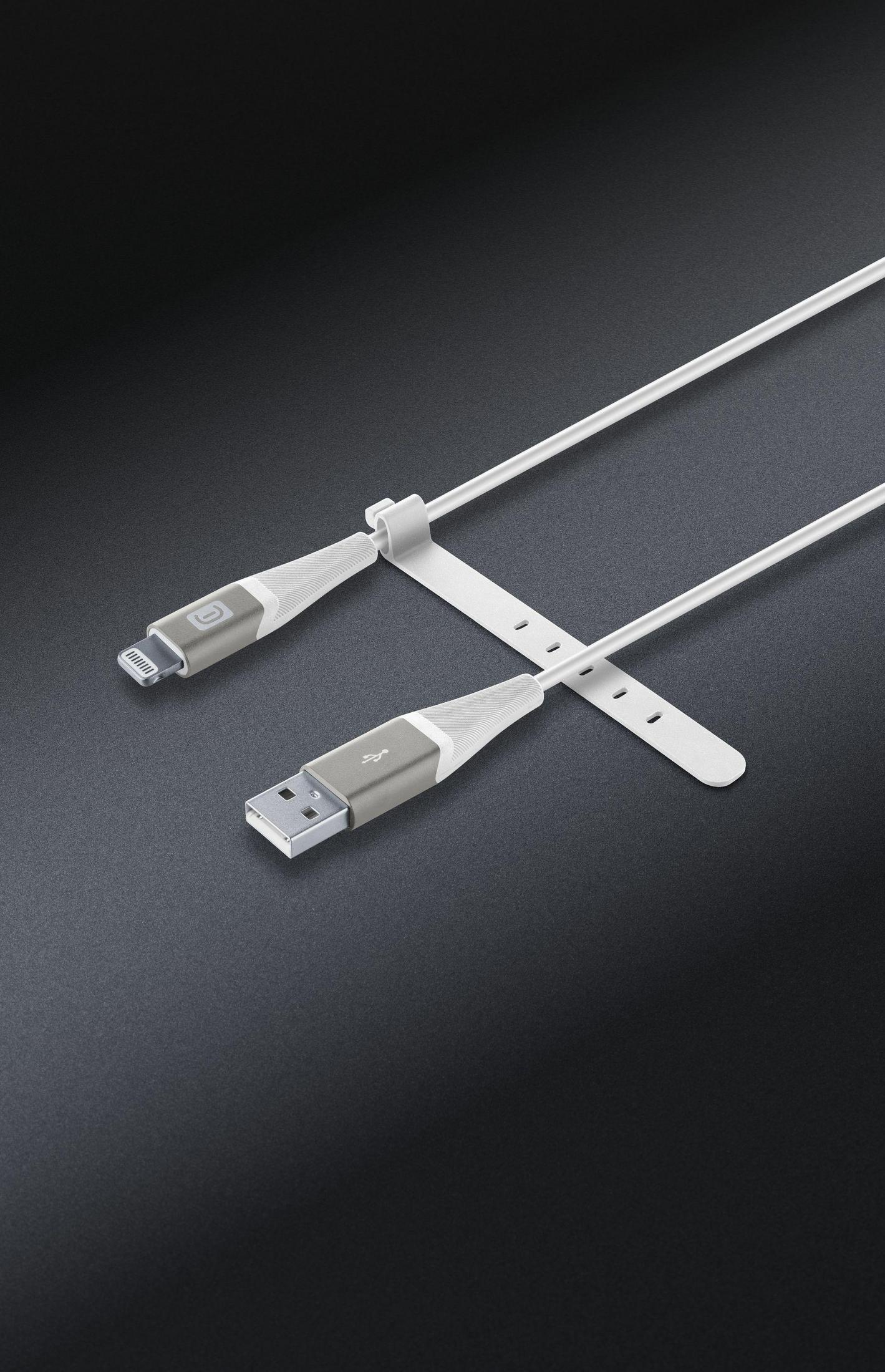 Ein weißes Kabel mit USB- und Lightning-Anschluss, gesichert durch einen weißen Riemen.