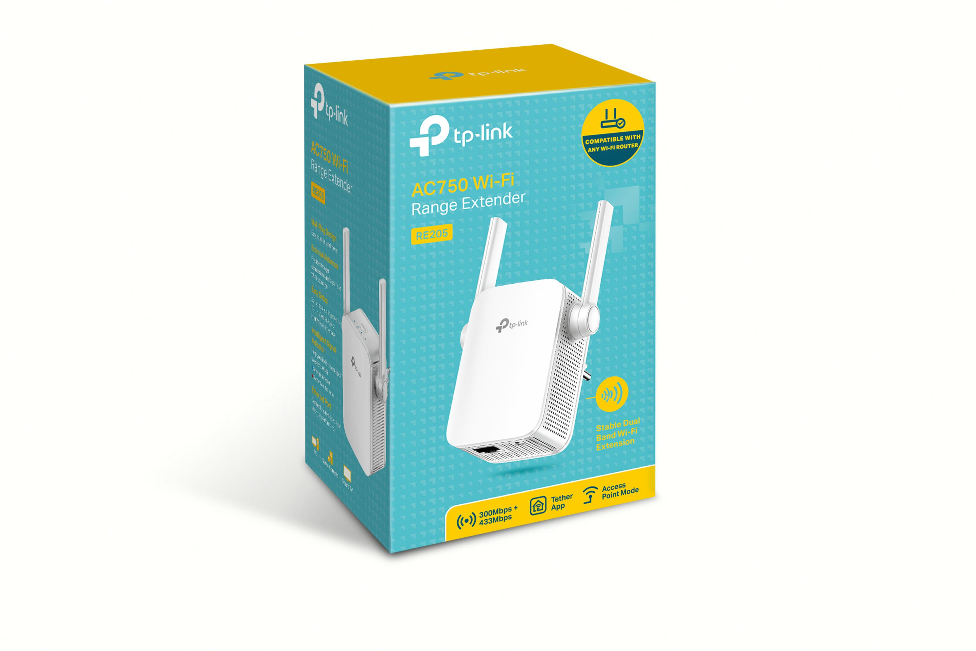 Bir TP-Link Wi-Fi menzil genişletici kutusu. Arka plan beyaz.