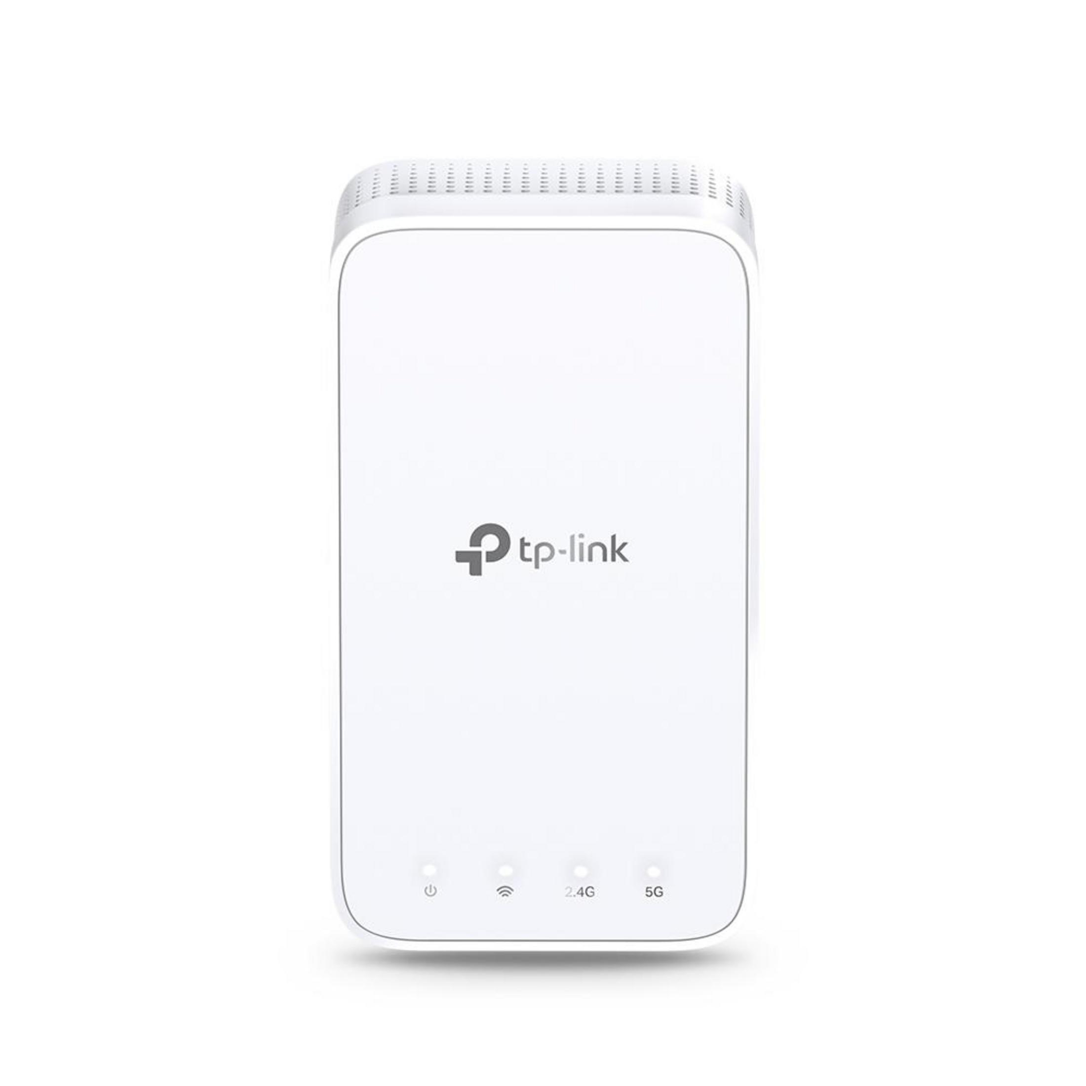 Biały przedłużacz Wi-Fi tp-link z trzema światłami i logo. Białe tło.