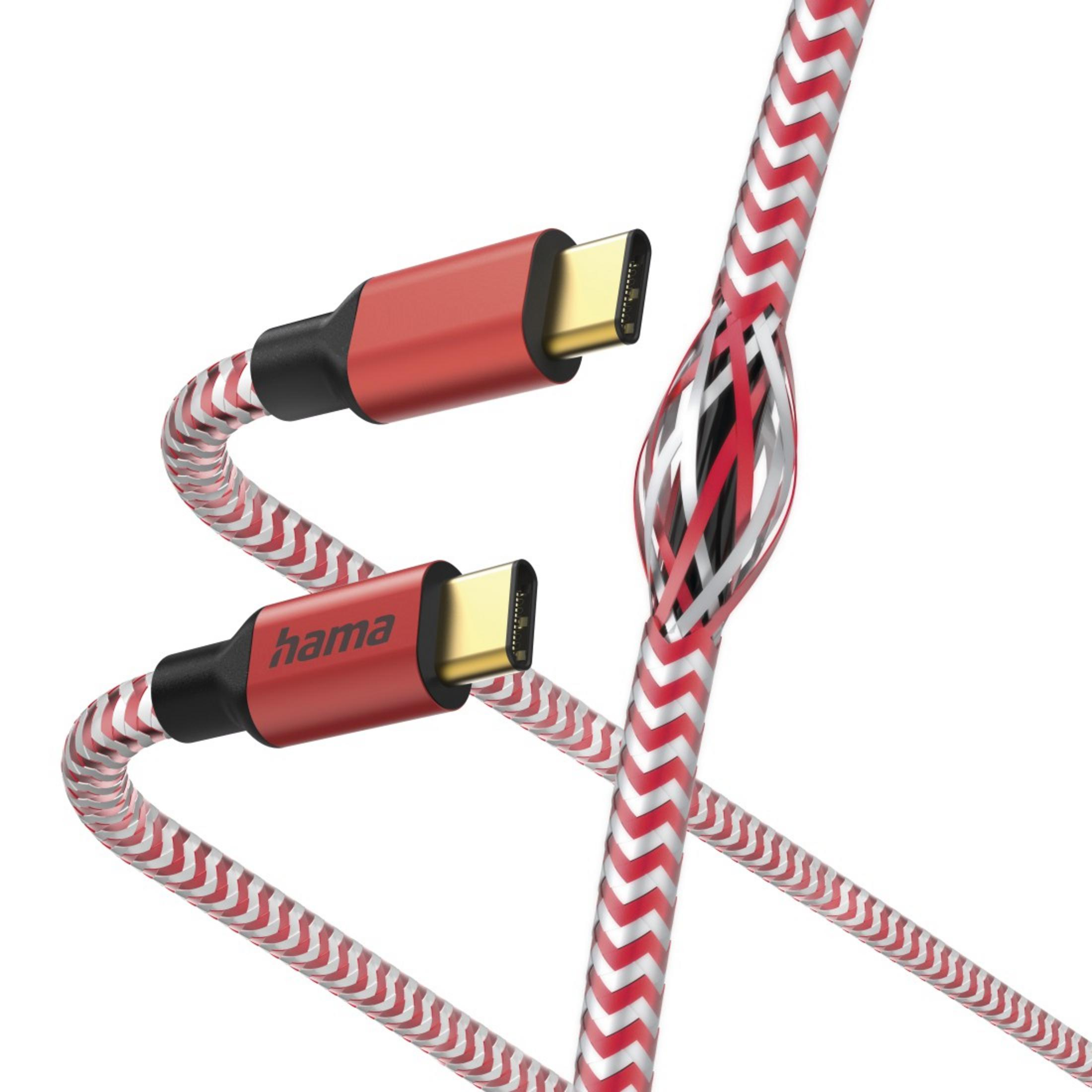 Câble USB-C rouge et blanc avec connecteurs rouges. Un câble est coupé, montrant les fils internes.