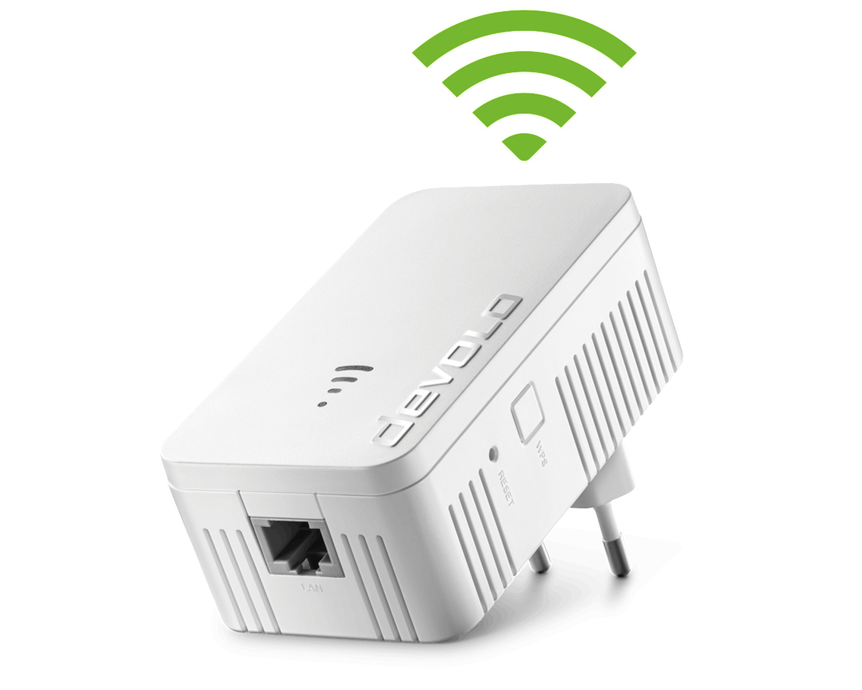 Biało-szary wzmacniacz Wi-Fi podłączony do gniazdka ściennego. Zielony symbol Wi-Fi nad nim.