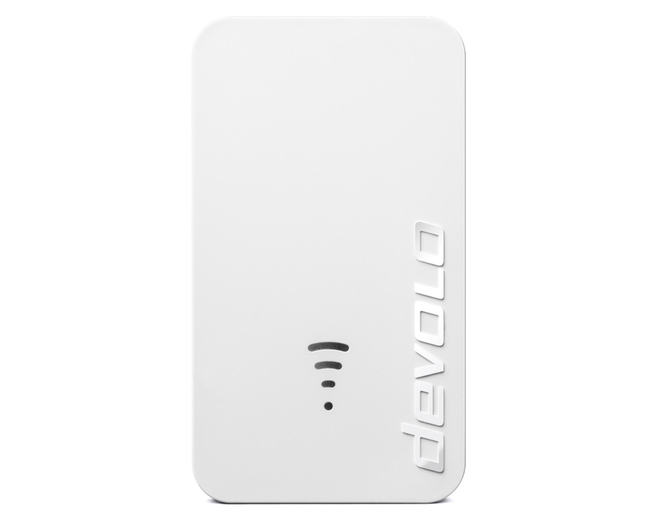 Biały wzmacniacz Wi-Fi devolo z logo firmy.