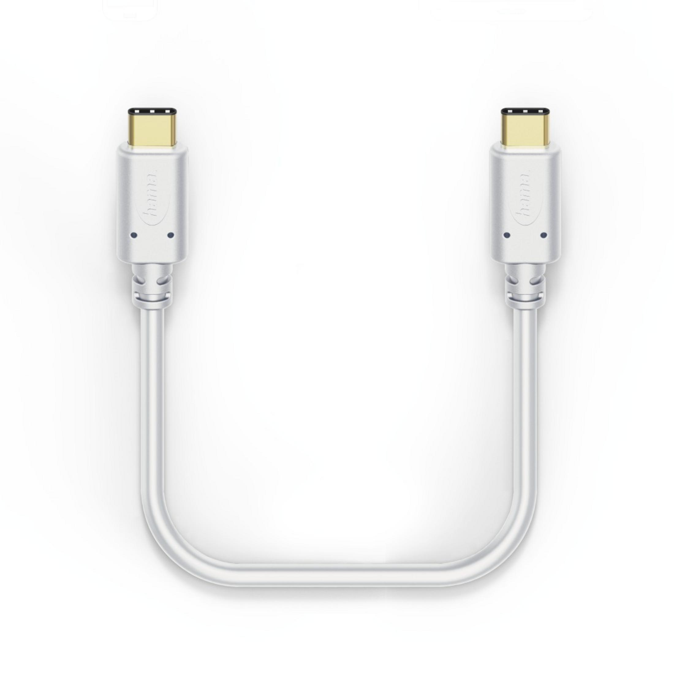 Biały kabel USB-C ze złączami na obu końcach, na białym tle.