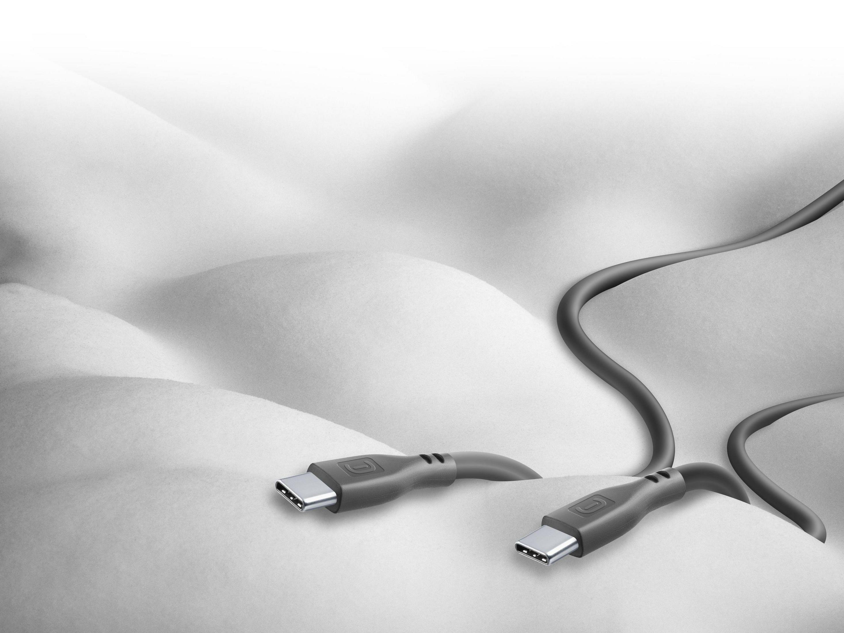 Twee USB-C-kabels op een witte, golvende achtergrond. Grijze kleur en details.