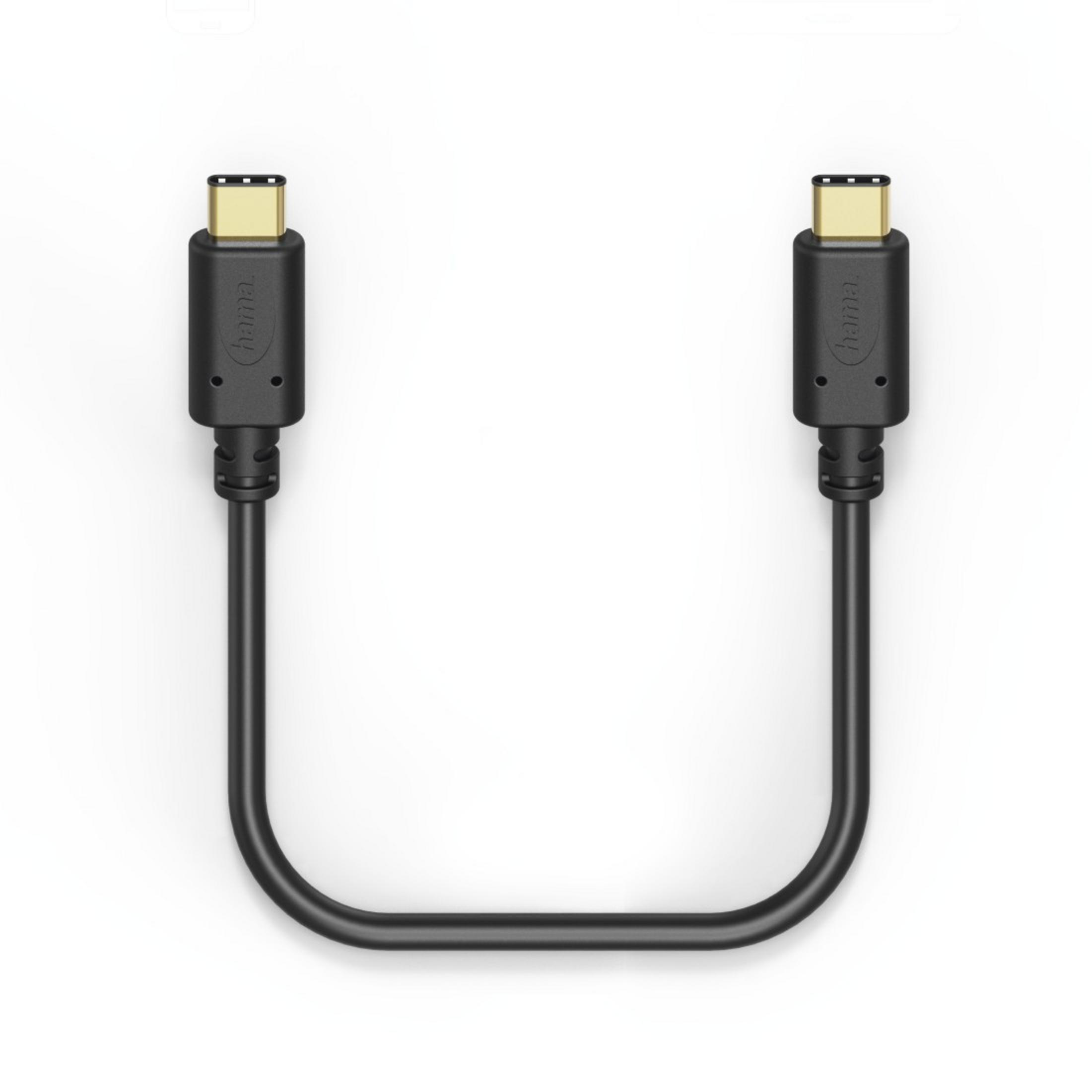 Schwarzes USB-C-Kabel mit goldenen Steckern. Weißer Hintergrund.