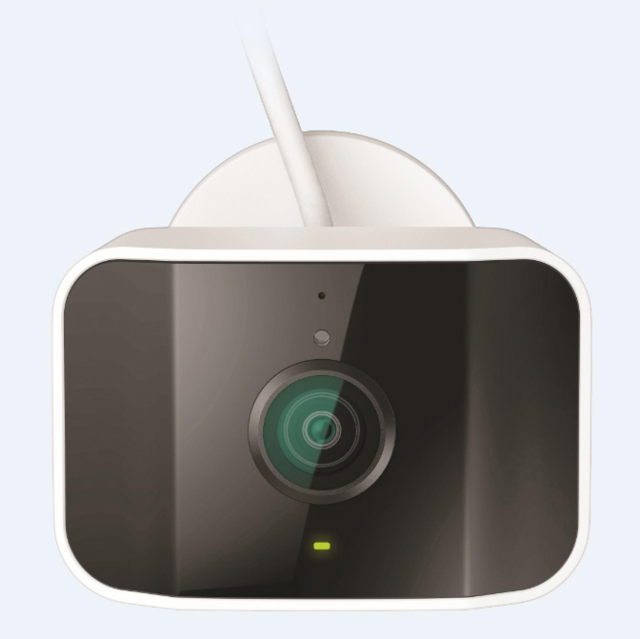 Czarno-biała kamera bezpieczeństwa z białym mocowaniem. Posiada obiektyw i zielone światło.