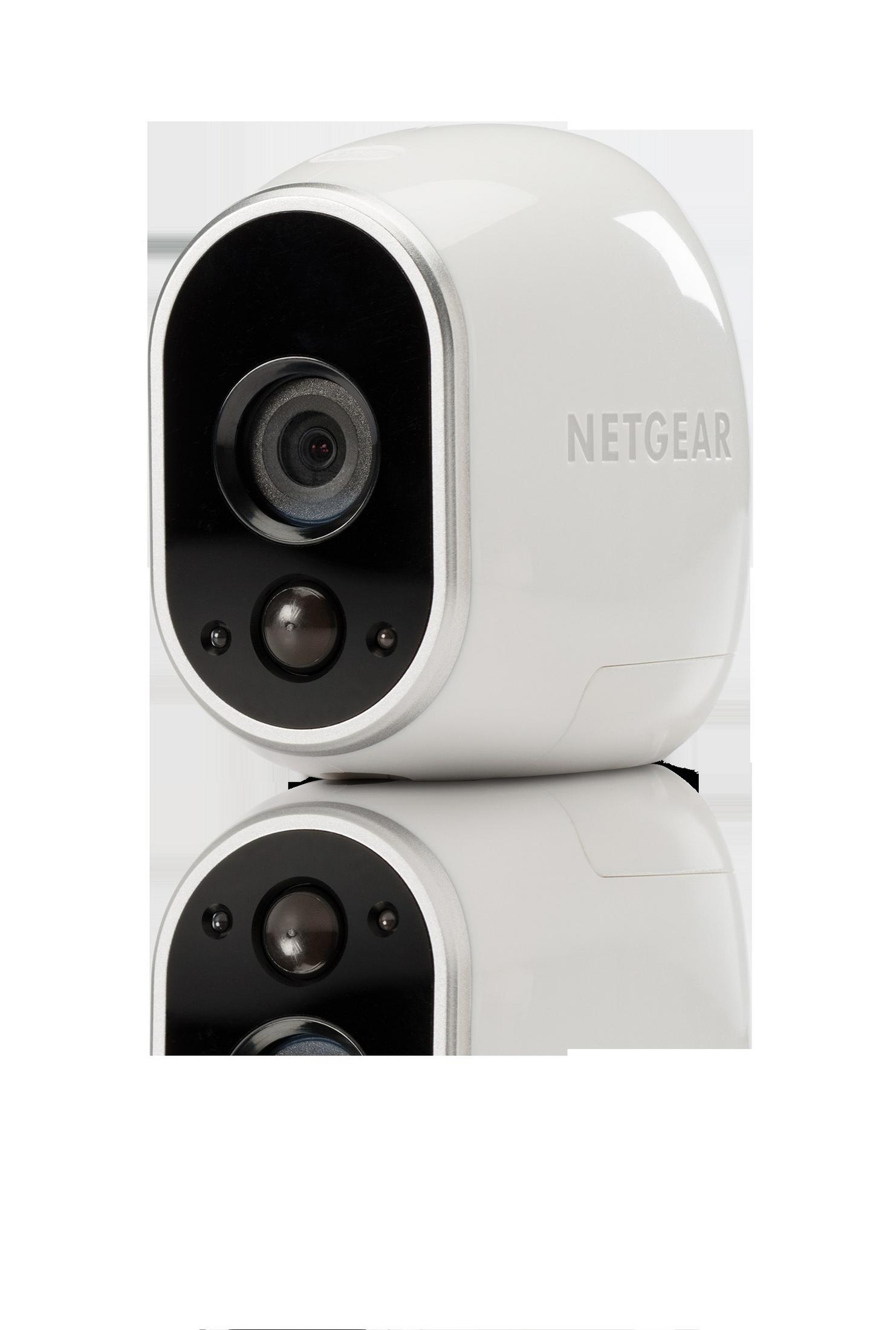 Telecamera di sicurezza NETGEAR bianca. Ha una forma arrotondata ed è su una superficie.
