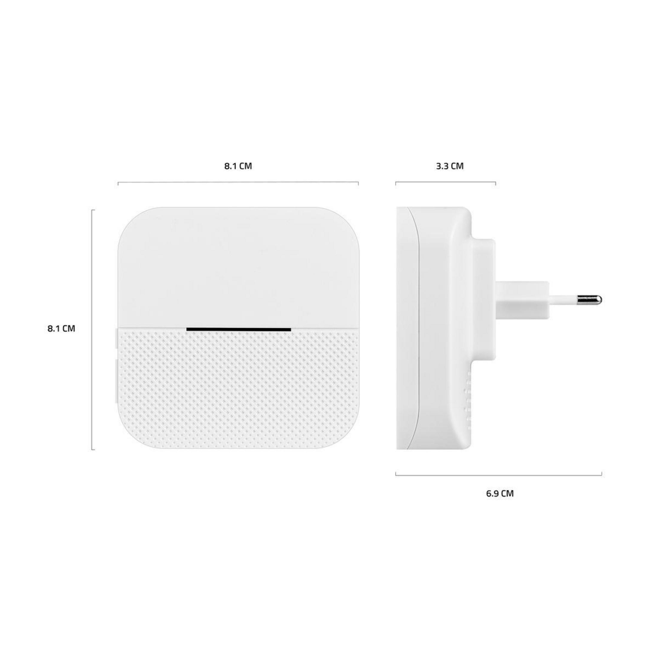 Zwei weiße Wandstecker mit angezeigten Abmessungen, Seitenansicht.