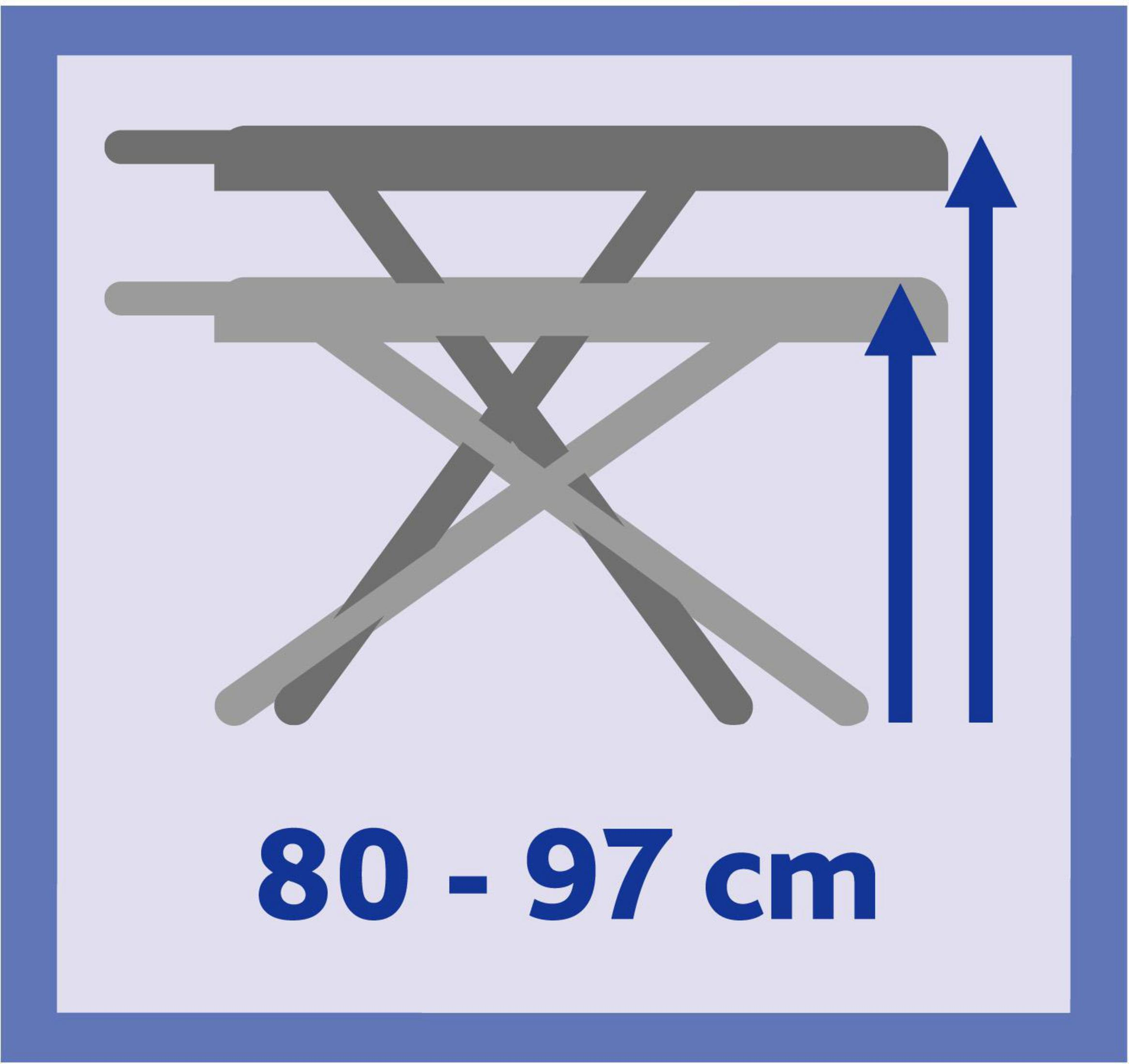 Eine Illustration, die die einstellbare Höhe zeigt. Der Bereich liegt zwischen 80-97 cm. Zwei blaue Pfeile zeigen nach oben.