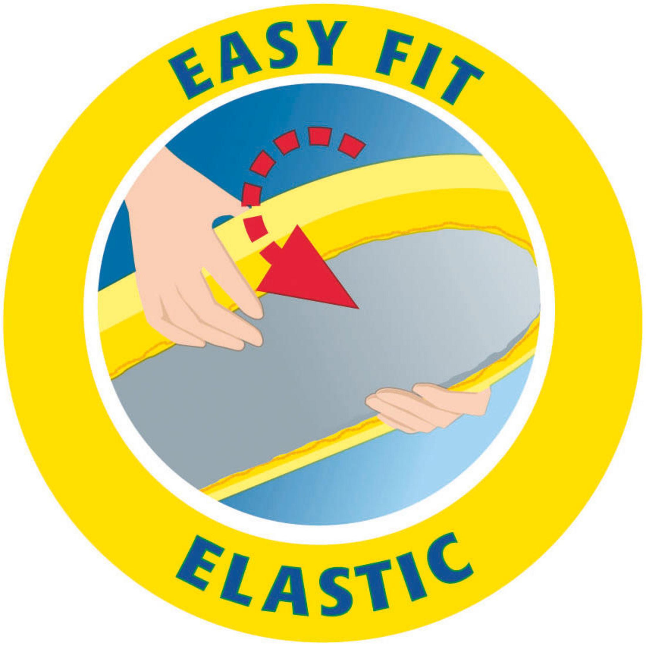 Un cerchio giallo con le parole 'EASY FIT ELASTIC' e mani che tengono un tessuto.