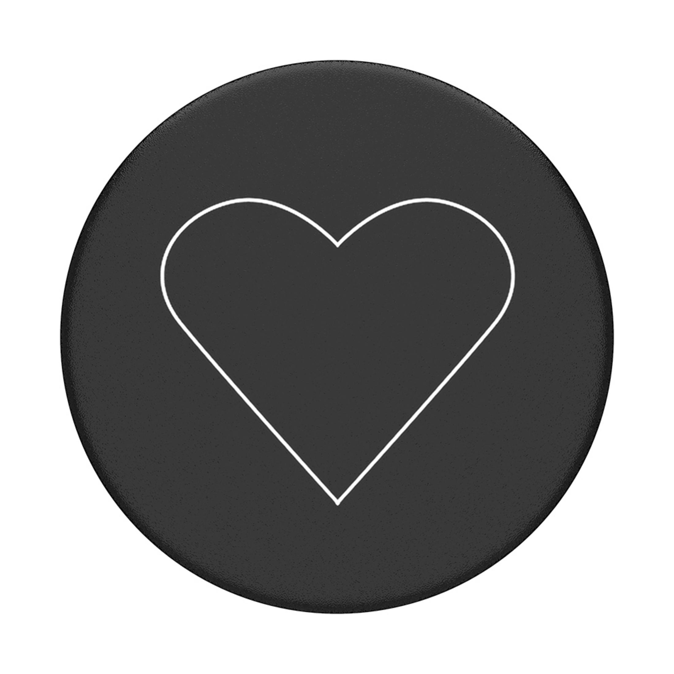 Schwarzer runder PopSocket mit weißer Umrandung eines Herzens. Weißer Hintergrund.