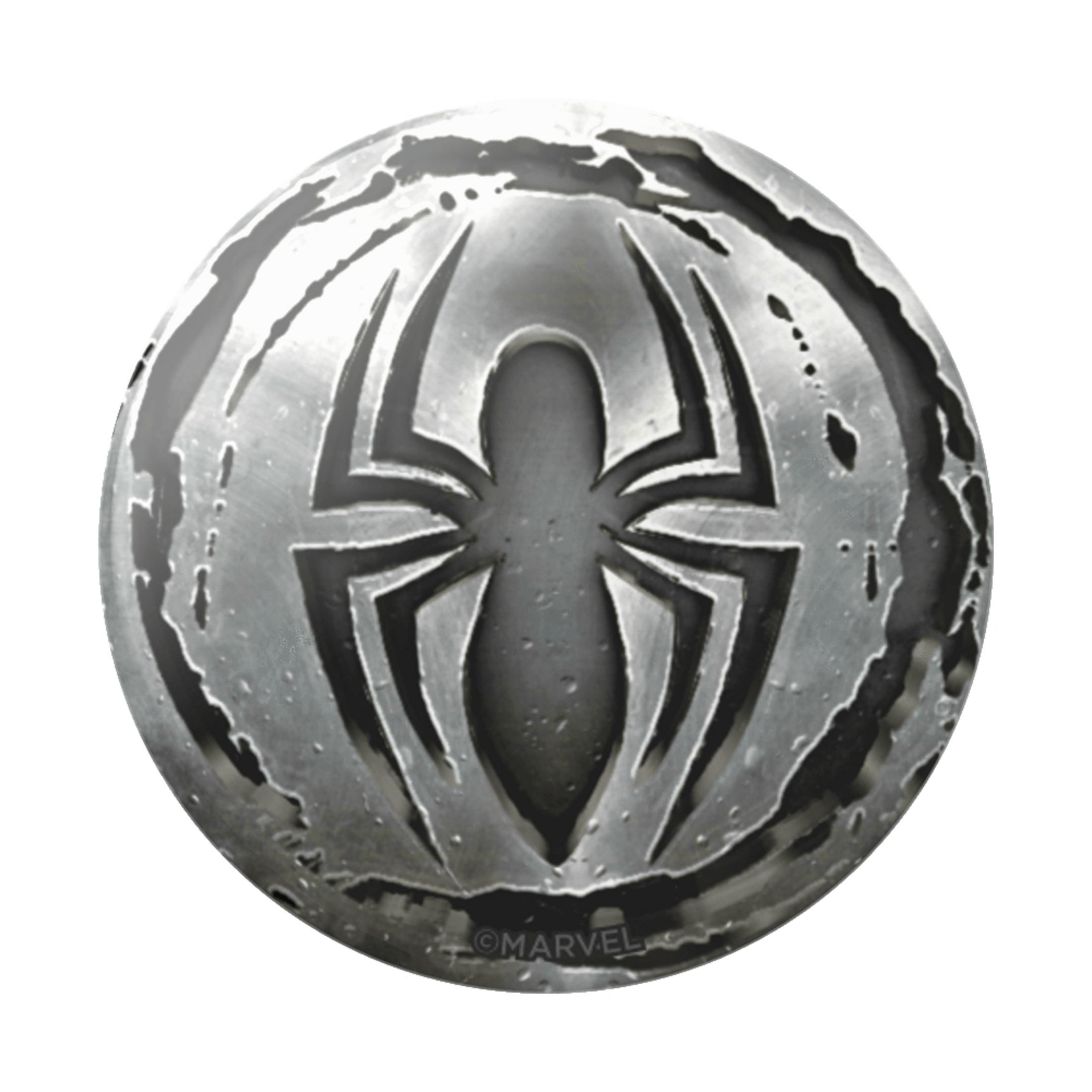 Spider-Man Logo auf einer Metallmünze mit abgenutztem Aussehen.