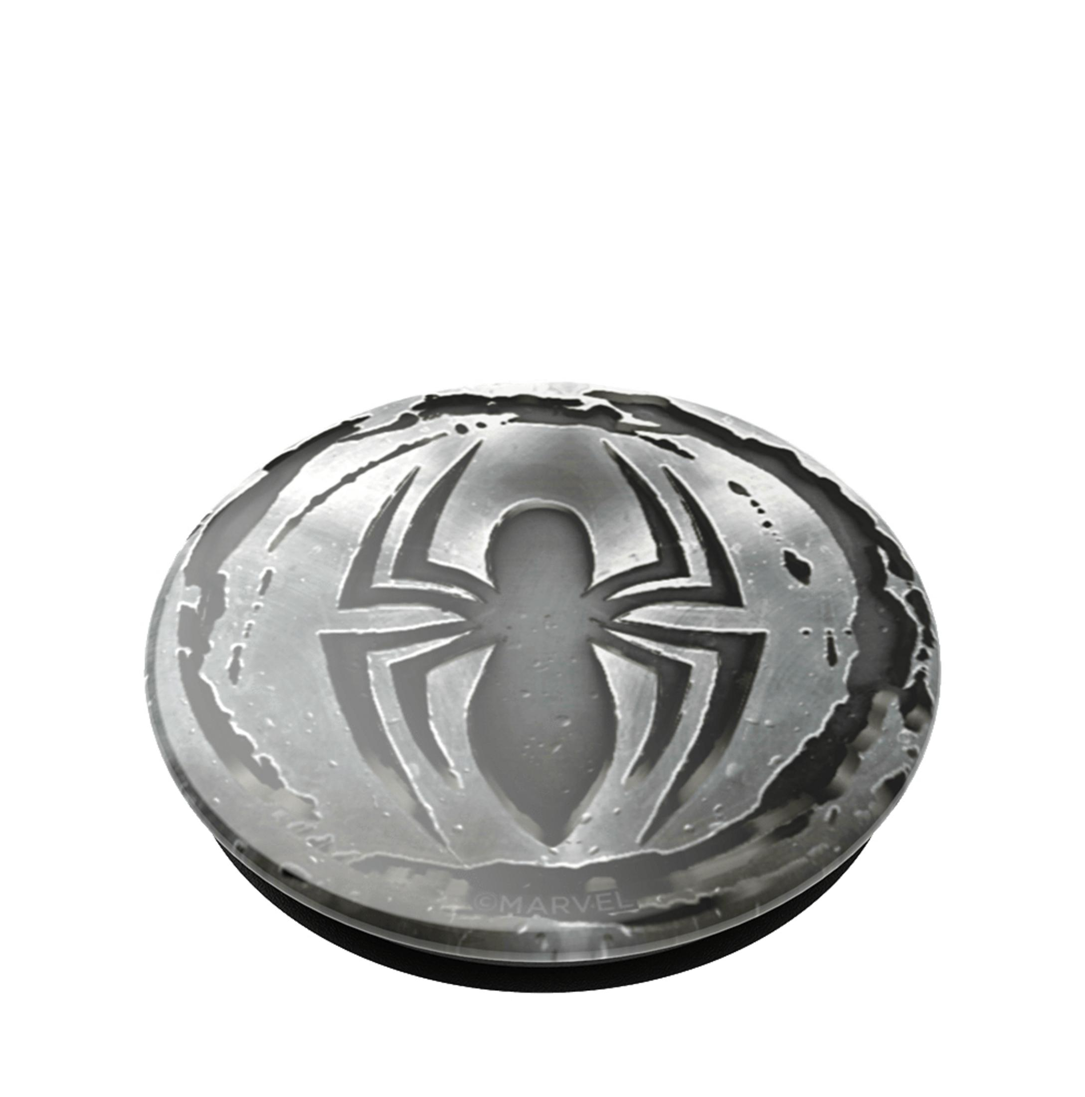 Ein rundes Objekt mit dem Spider-Man-Logo. Das Logo ist in Schwarz und Weiß gehalten. Weißer Hintergrund.