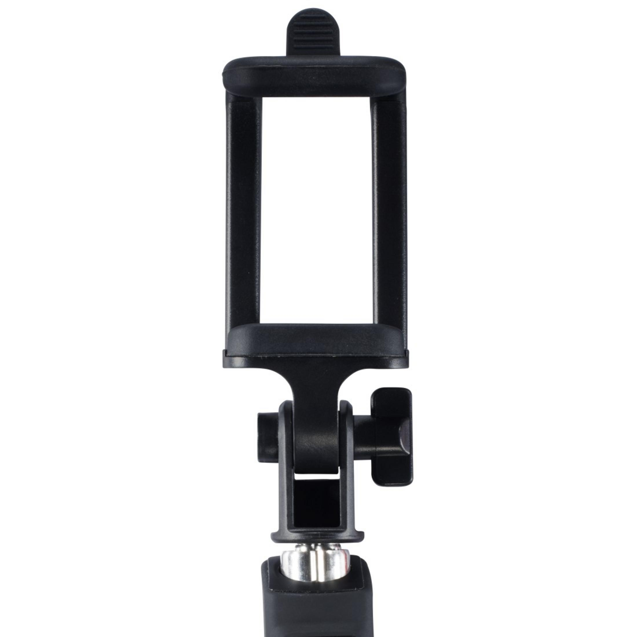 Supporto per telefono nero per un selfie stick. Ha un morsetto e una vite.