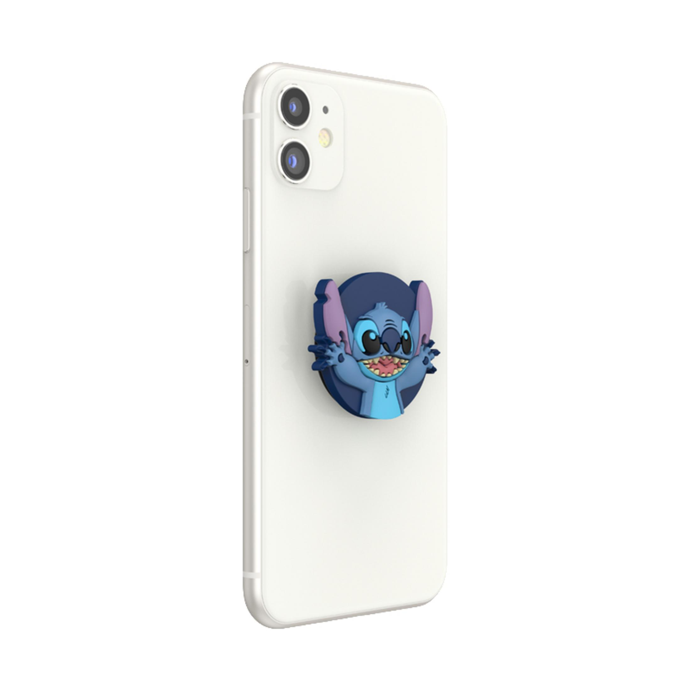 Telefono bianco con PopSocket di Stitch. Stitch è blu e sorride a braccia aperte.