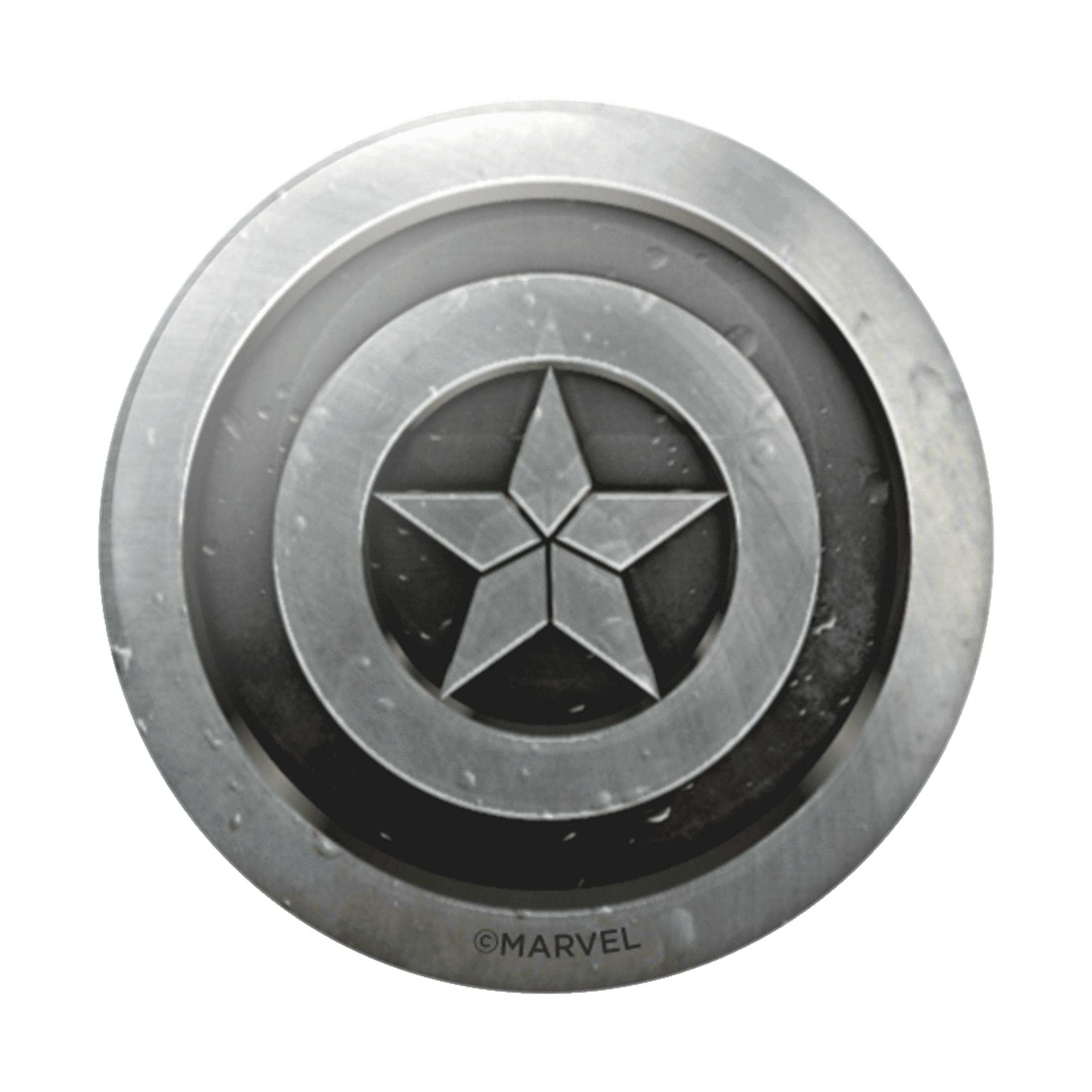 Ein metallischer Captain America-Schild mit Stern. Dunkelgraue Farbe mit Kreisdesign.