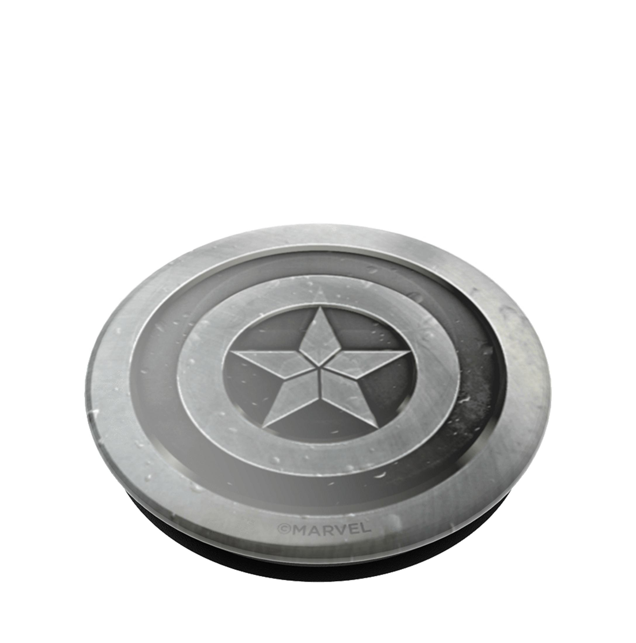 Silberner Captain America Schild Handy-Griff auf weißem Hintergrund, Marvel-Logo unten.
