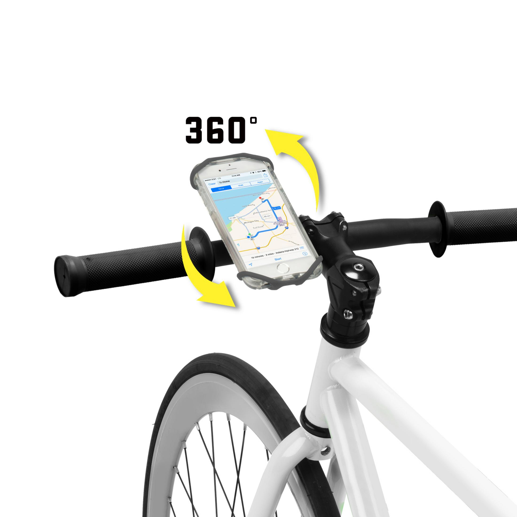 Fahrradlenker mit Telefonhalter, der eine Karte zeigt. Gelbe Pfeile zeigen 360-Grad-Drehung an.