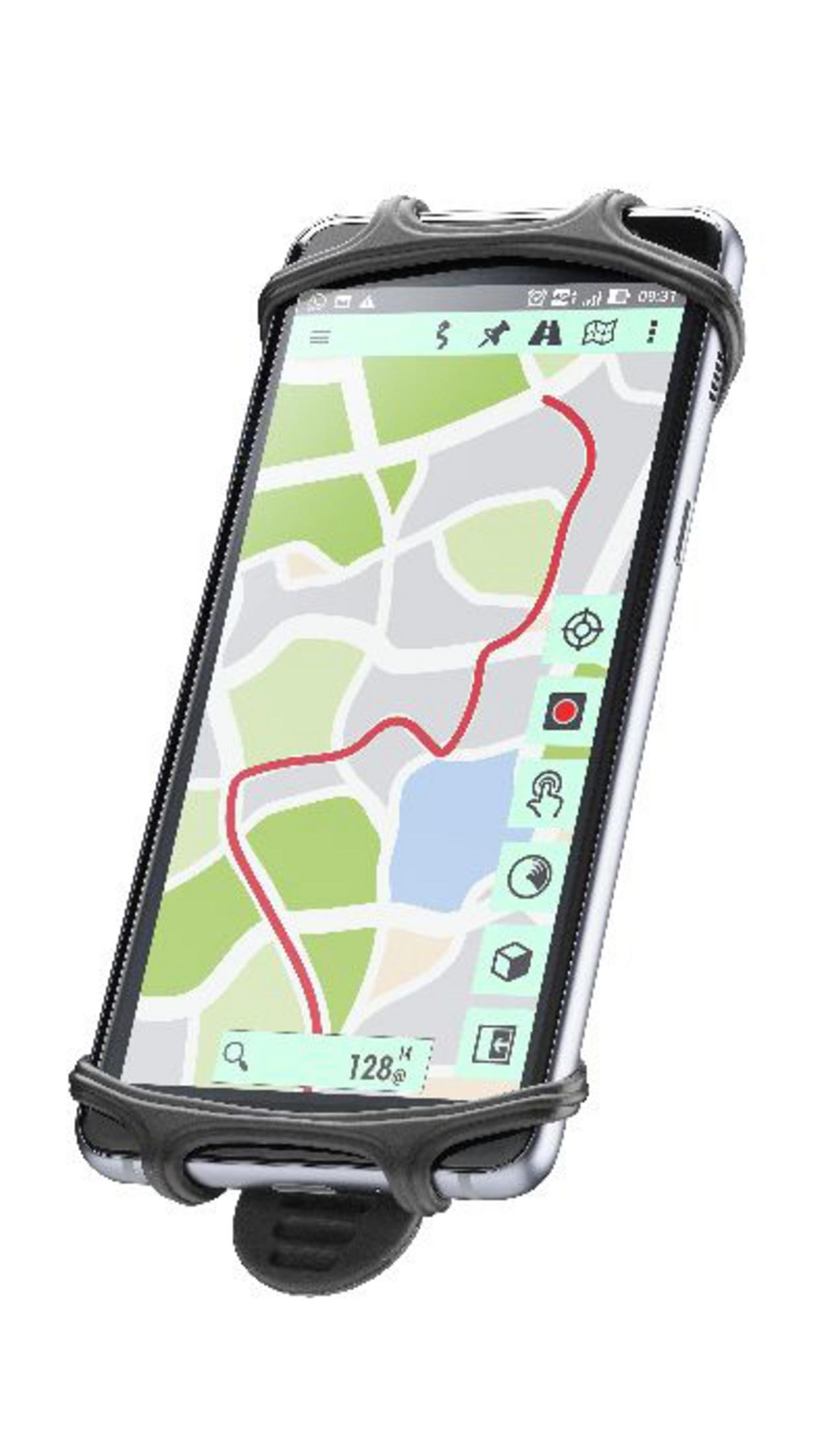 Smartphone in schwarzem Halter, zeigt Karte mit roter Route, Navigationssymbole. Weißer Hintergrund.