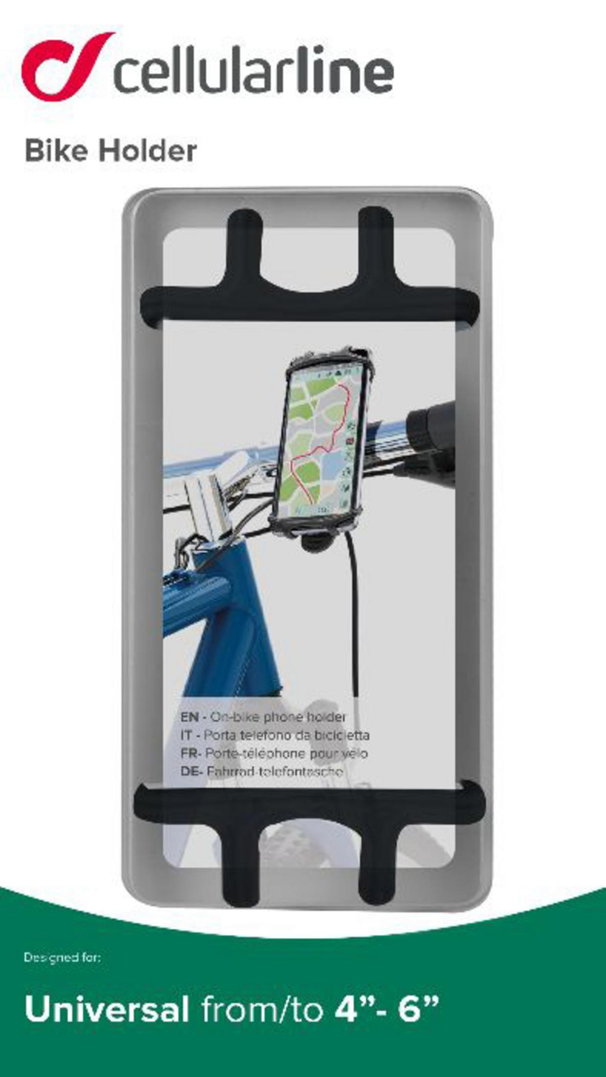Cellularline Fahrrad-Telefonhalter. Der Halter ist an einem Fahrradlenker montiert.