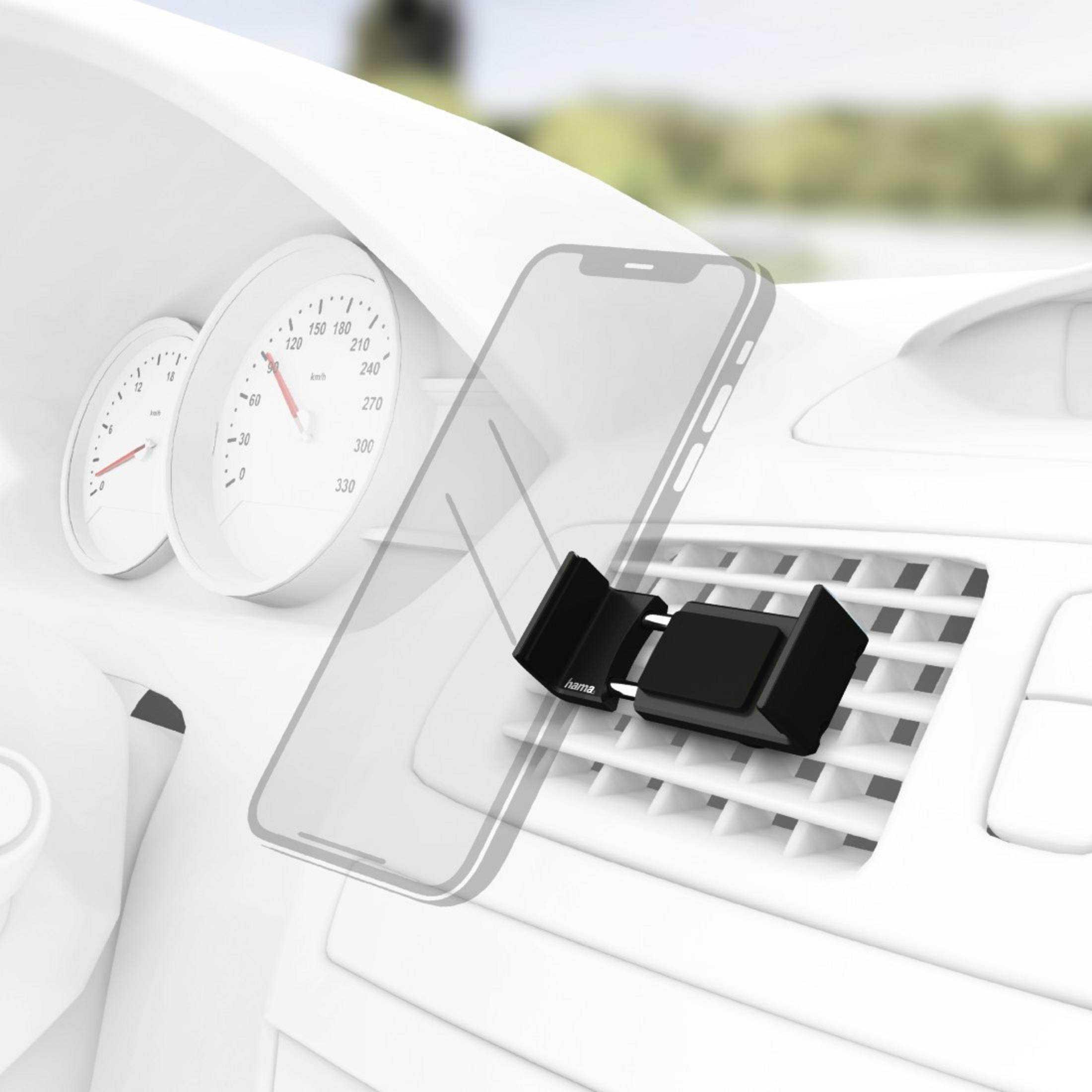 Czarny uchwyt na telefon samochodowy, na kratce wentylacyjnej, z obrysem iPhone.