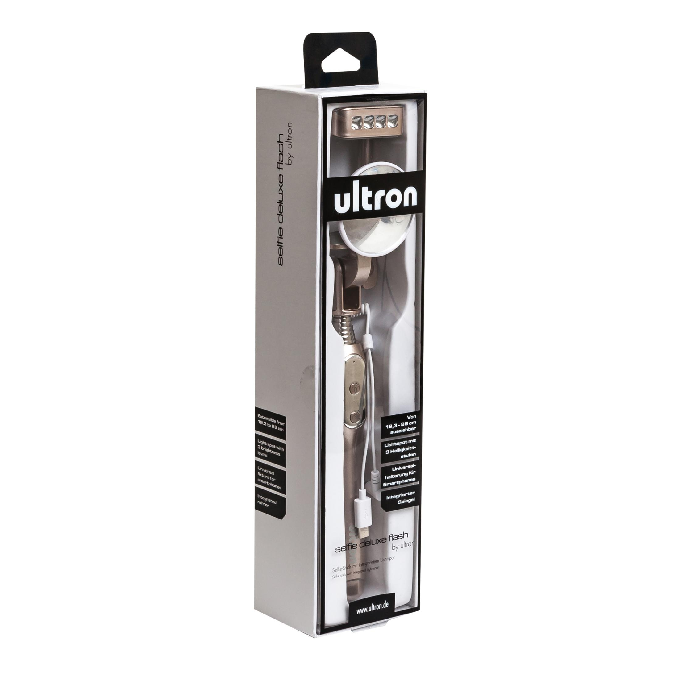Zestaw lampy błyskowej selfie deluxe w pudełku, z światłem i uchwytem na telefon. Białe tło.