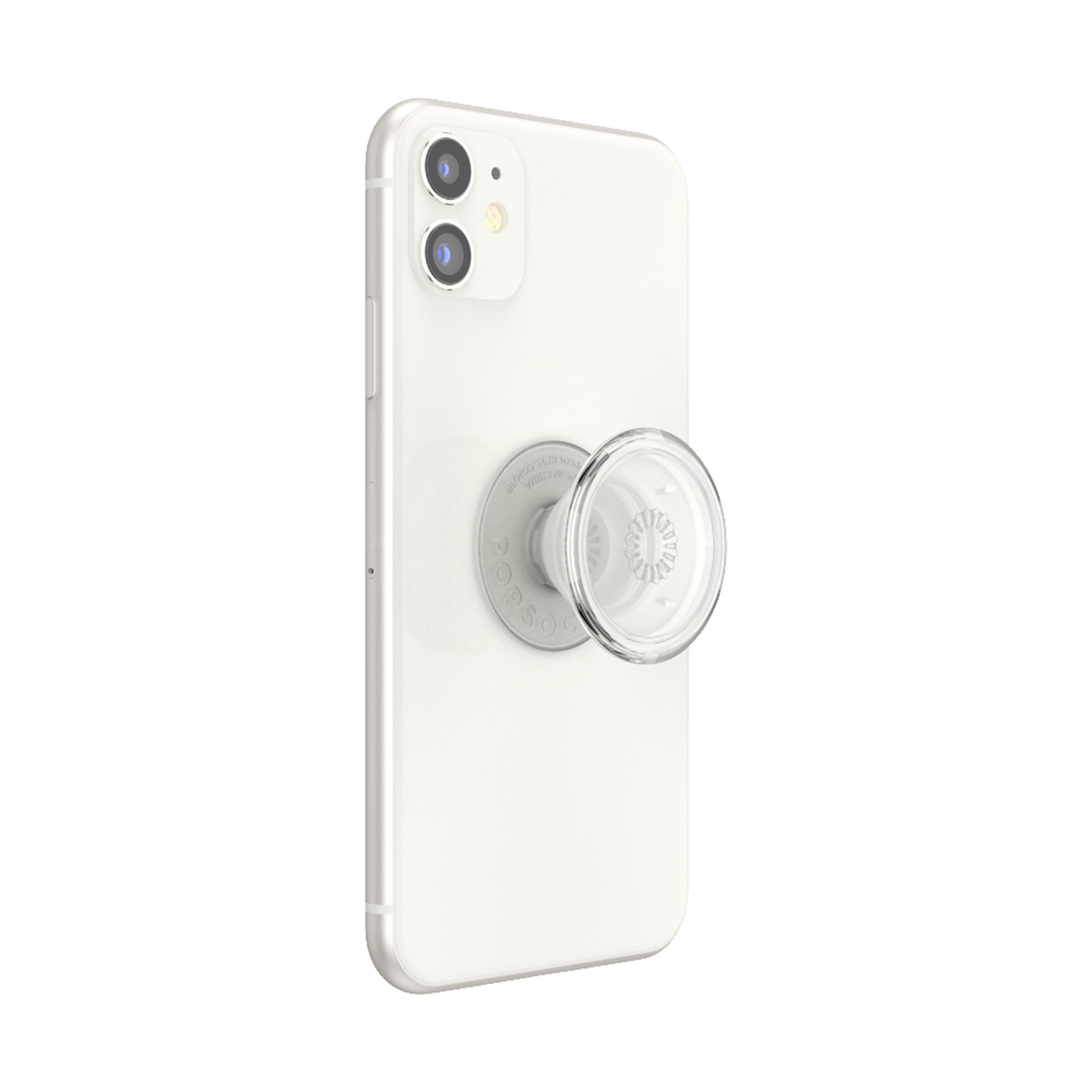 Ein weißes Telefon mit einem durchsichtigen PopSocket. Der PopSocket ist kreisförmig und transparent.