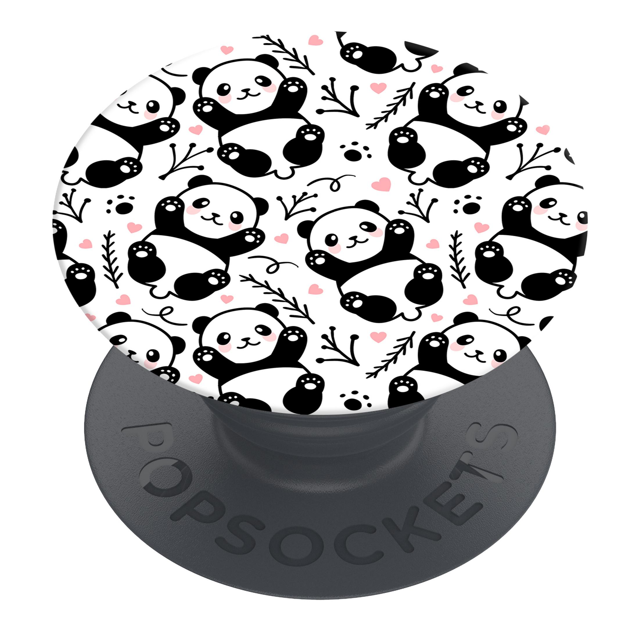 Ein runder PopSocket mit Cartoon-Pandas. Der Hintergrund ist weiß mit Herzen und Blättern.