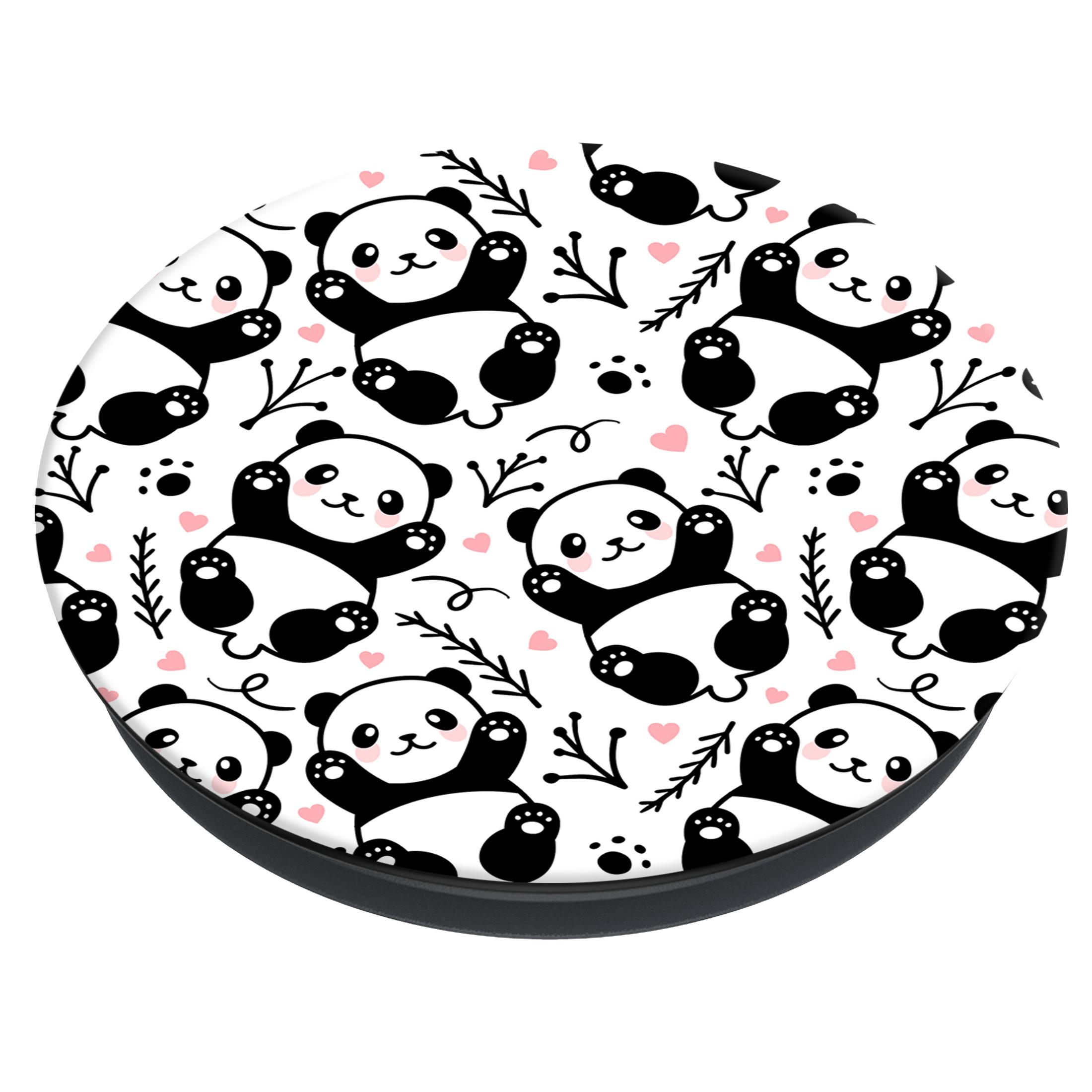 Runder Telefonhalter mit Panda-Muster. Pandas, Herzen und Blätter auf weißem Hintergrund.