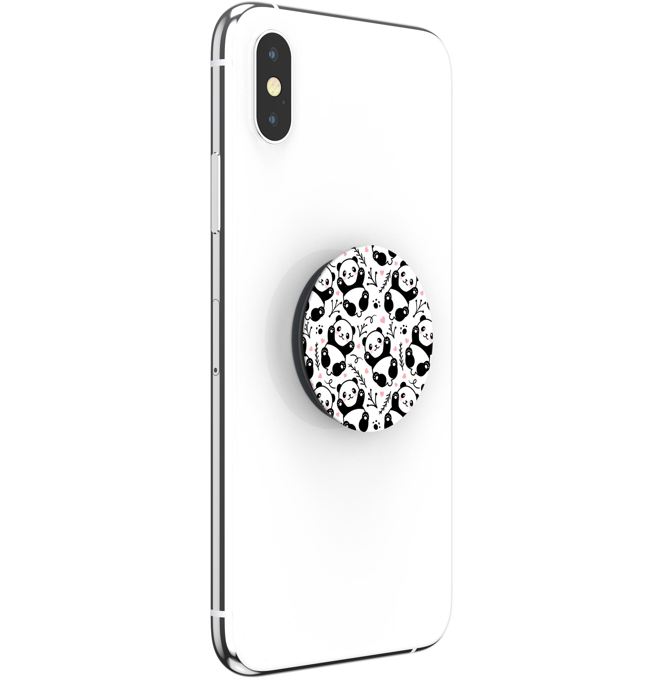 Weißes Telefon mit Panda-Pop-Socket. Der Pop-Socket ist schwarz-weiß mit Panda-Design.