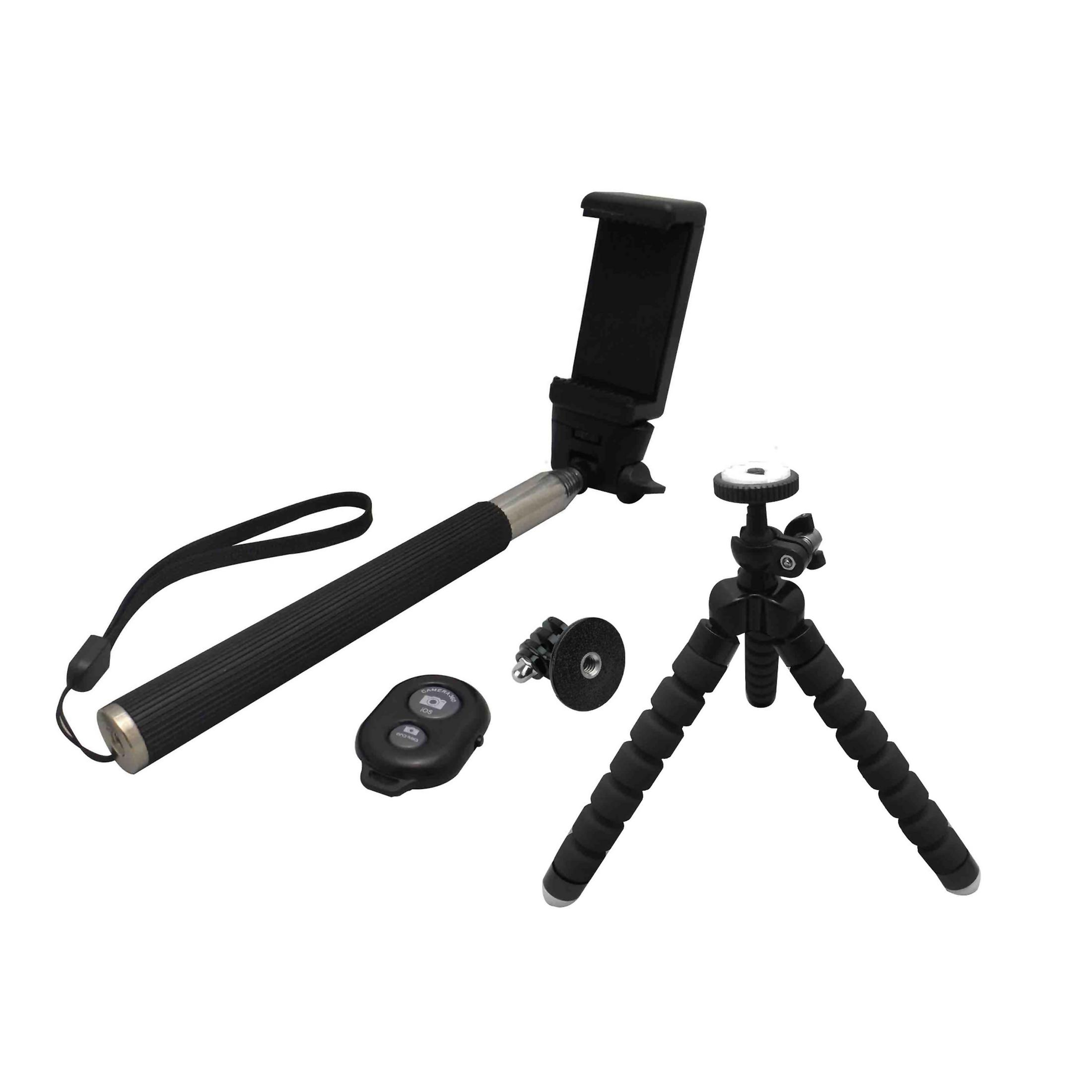 Stativ, Selfie-Stick, Fernbedienung und Telefonhalterung auf weißem Hintergrund.
