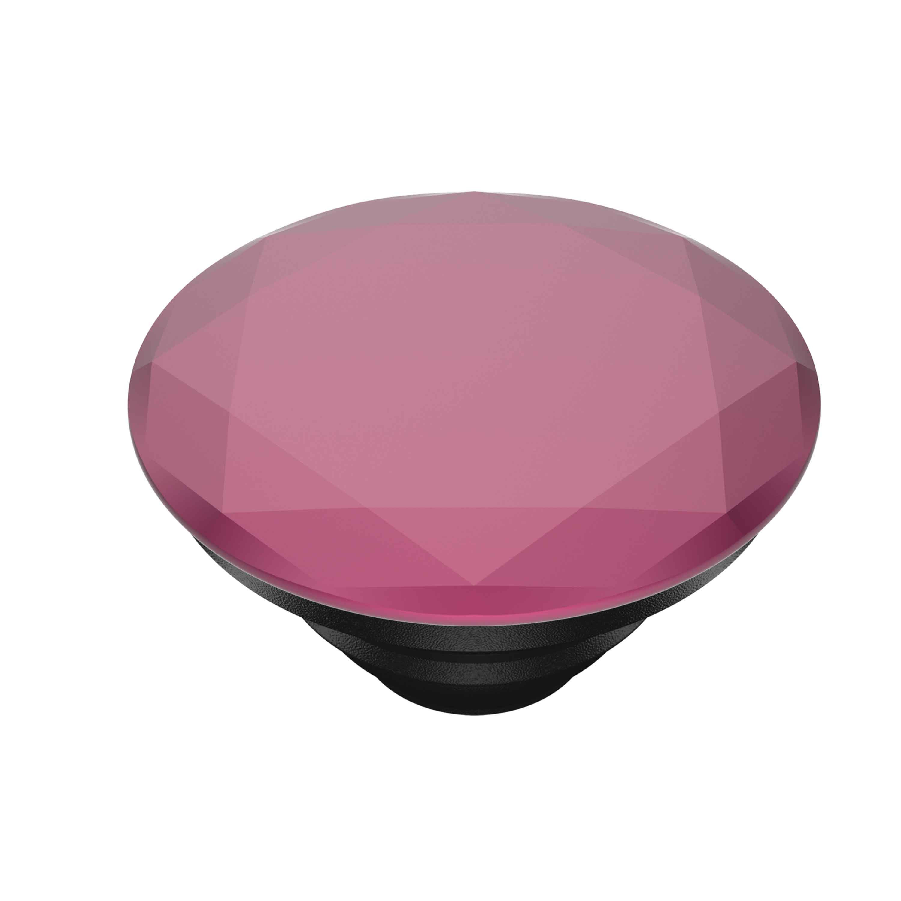 Ein rosa, facettierter, edelsteinartiger PopSocket auf schwarzer Basis, von oben betrachtet.