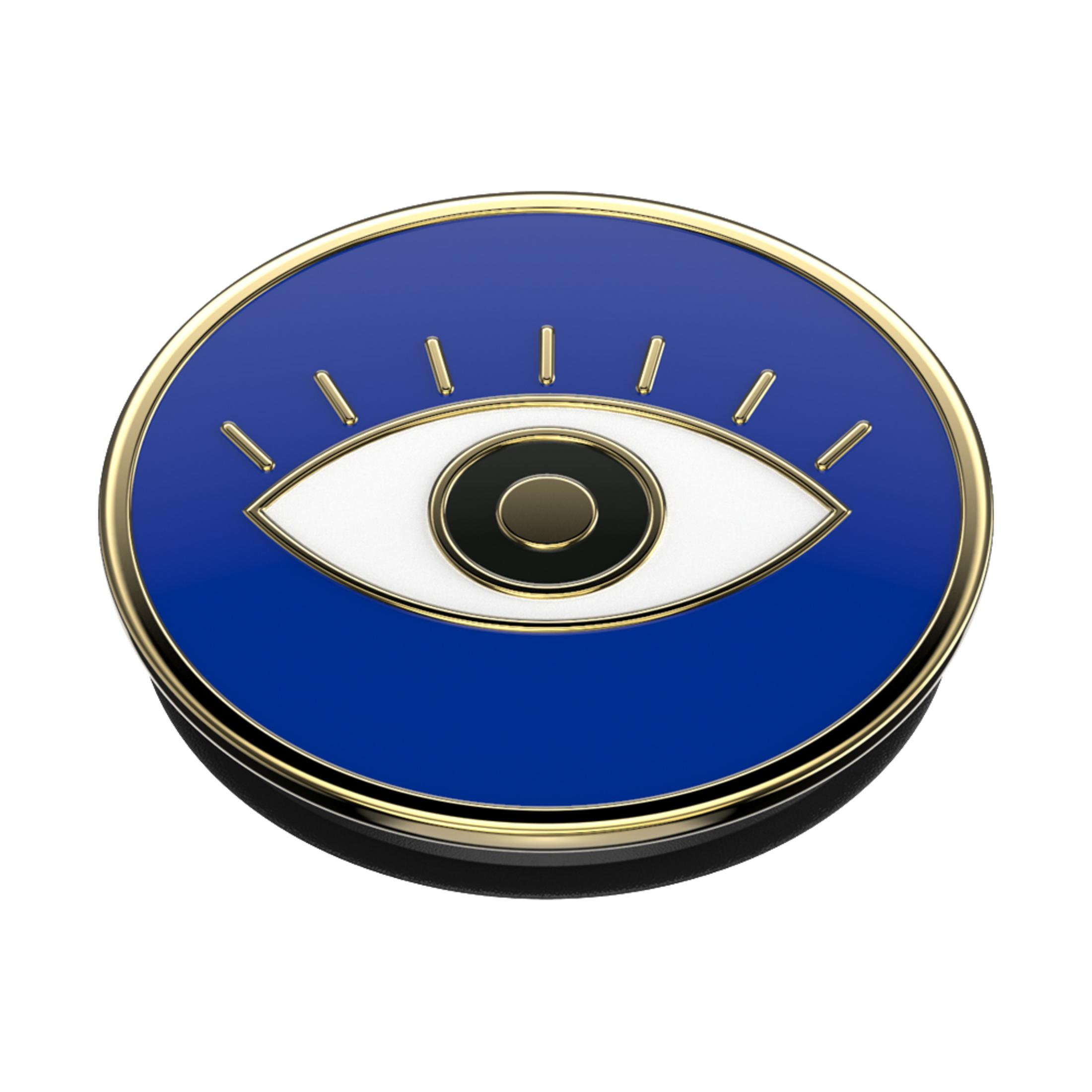 Diseño de ojo azul y dorado, iris blanco con pupila negra, sobre fondo azul redondo. Borde dorado.