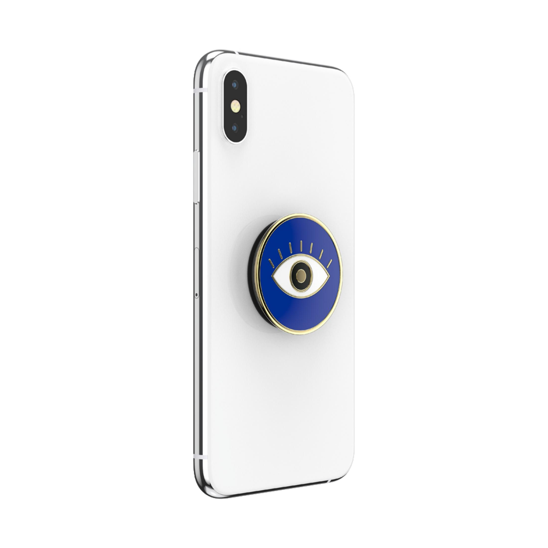 Teléfono blanco con un PopSocket de ojo. Círculo azul con diseño de ojo en el centro.